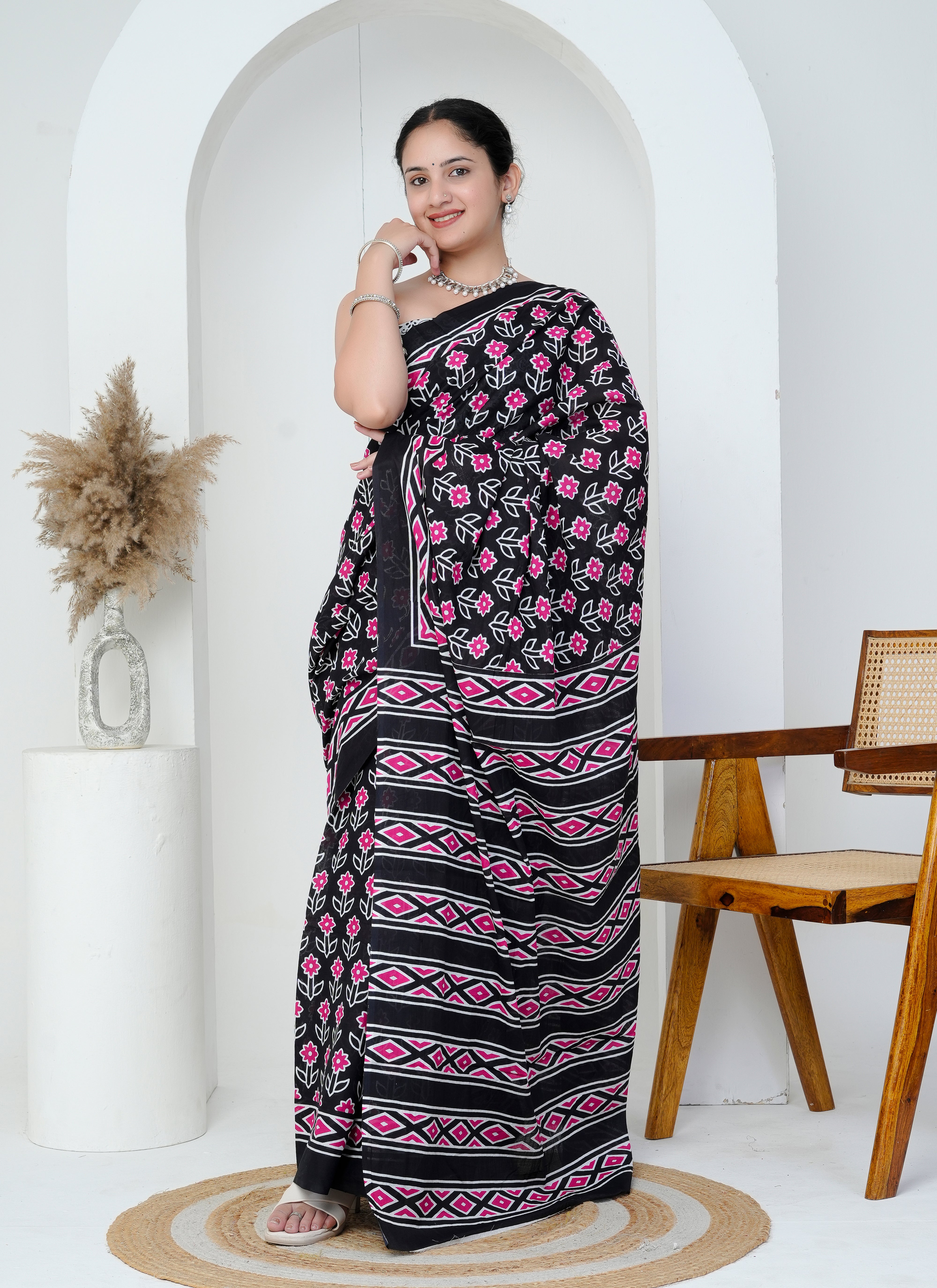 Black and Pink Floral Cotton Saree