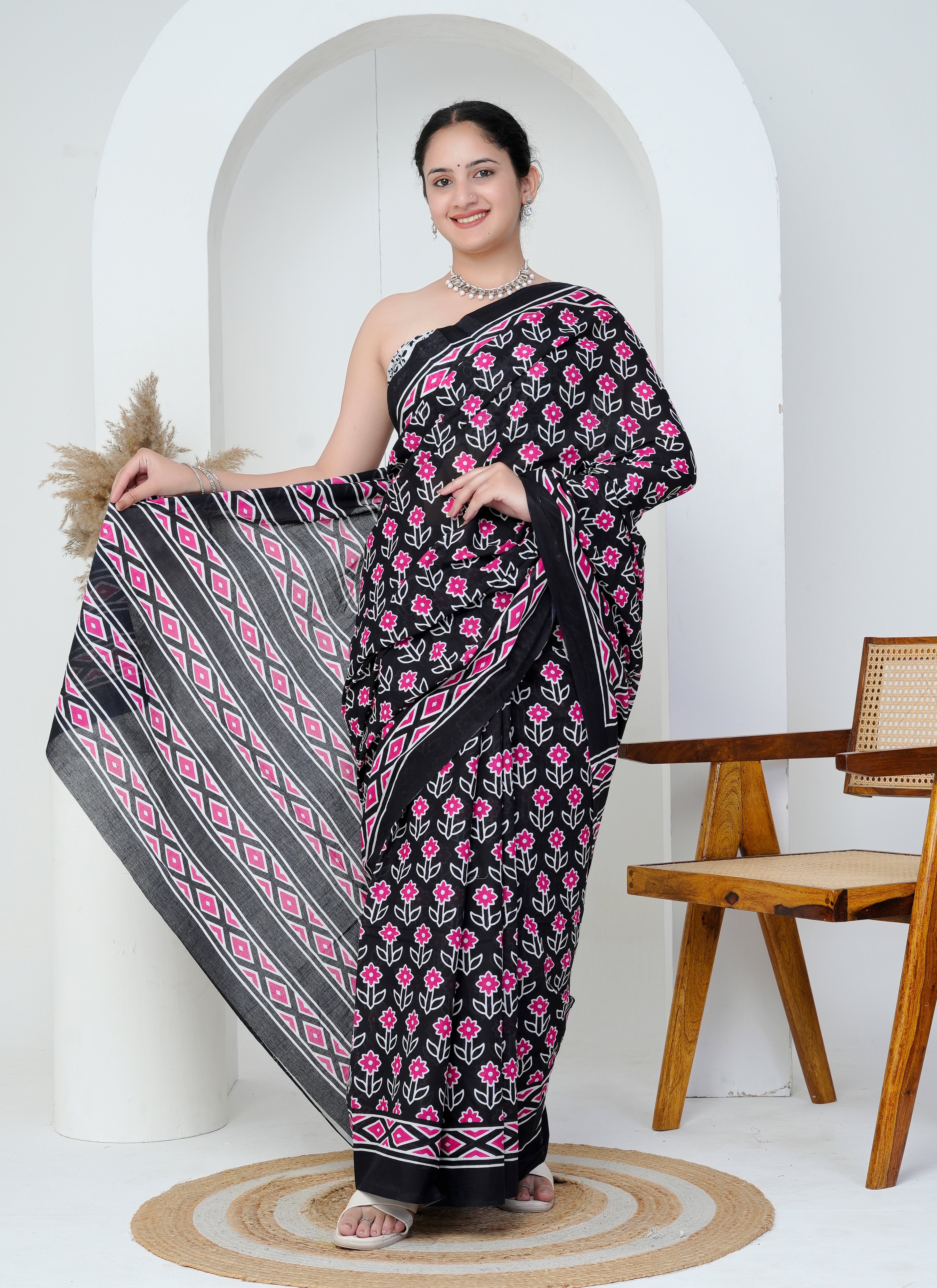 Black and Pink Floral Cotton Saree
