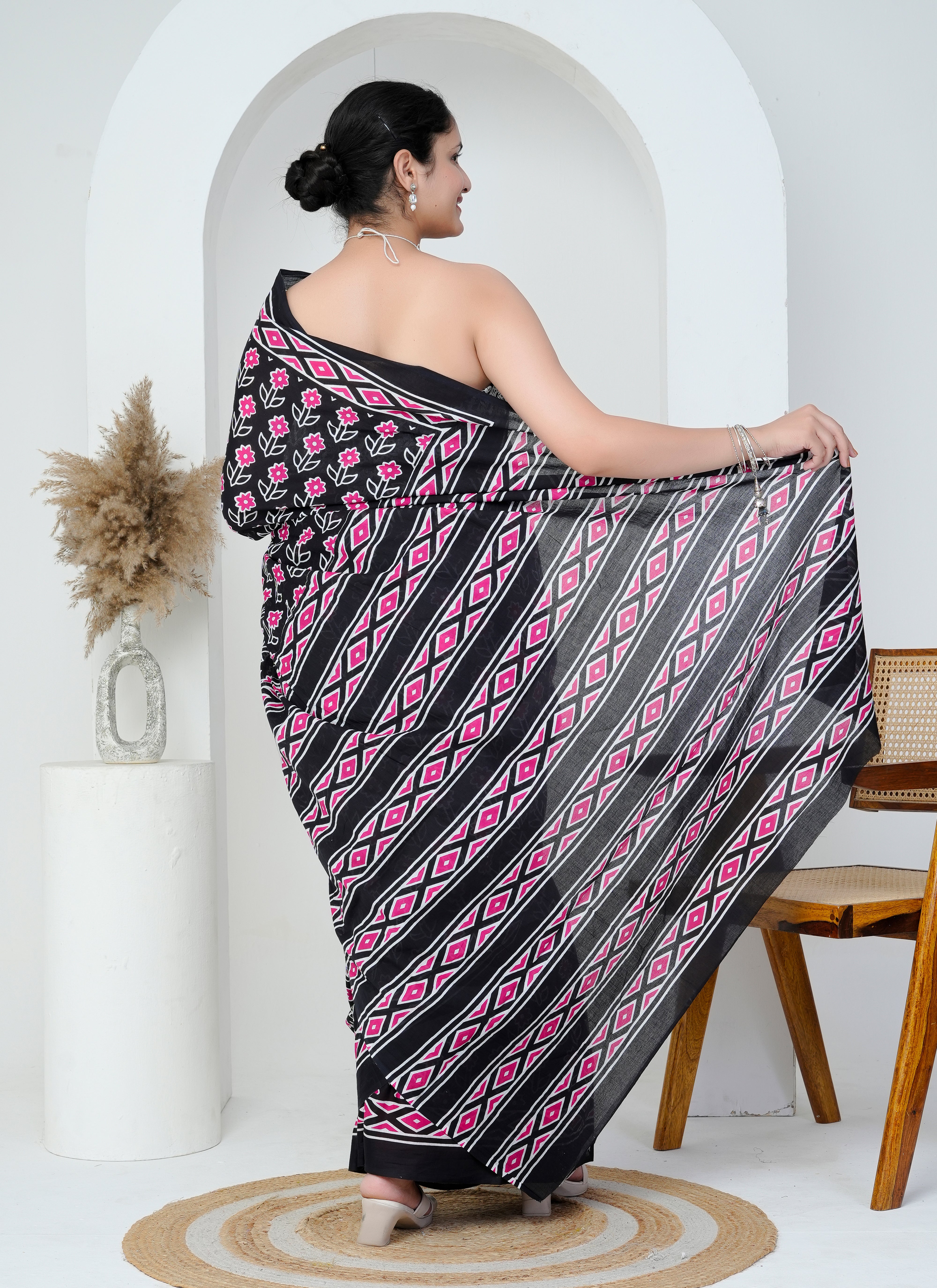 Black and Pink Floral Cotton Saree