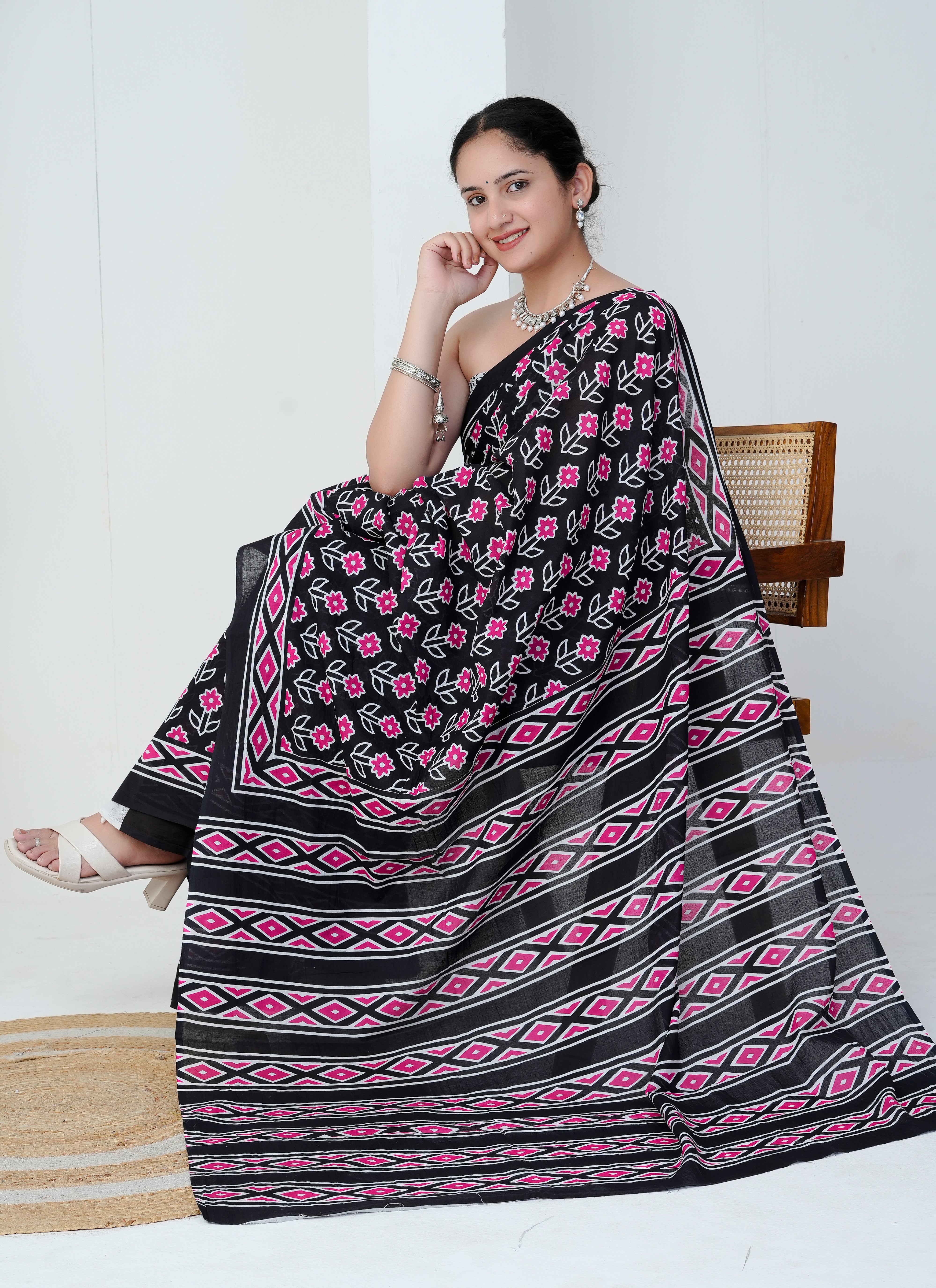 Black and Pink Floral Cotton Saree
