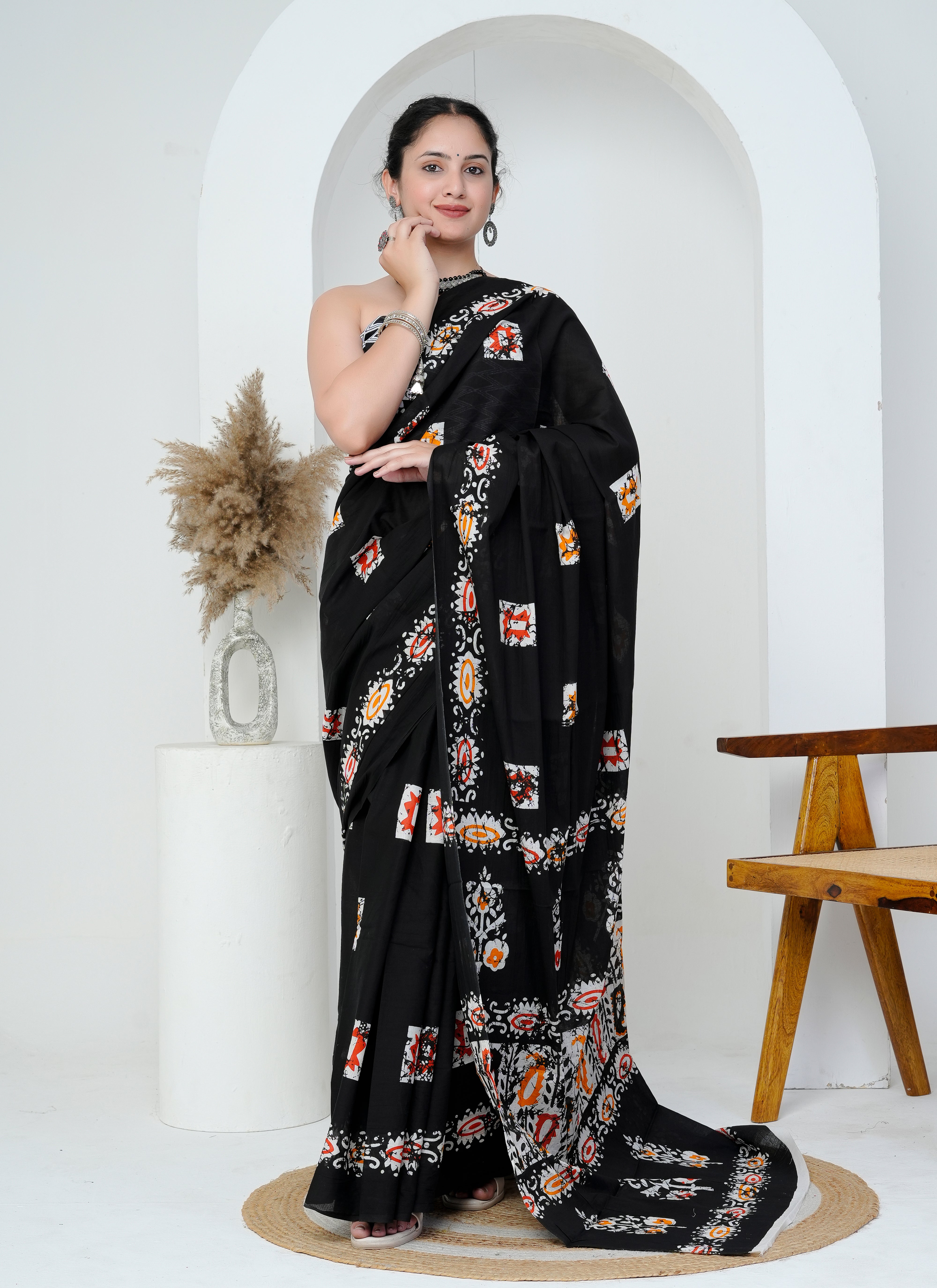 Black Multicolor Hand Block Printed Cotton Saree