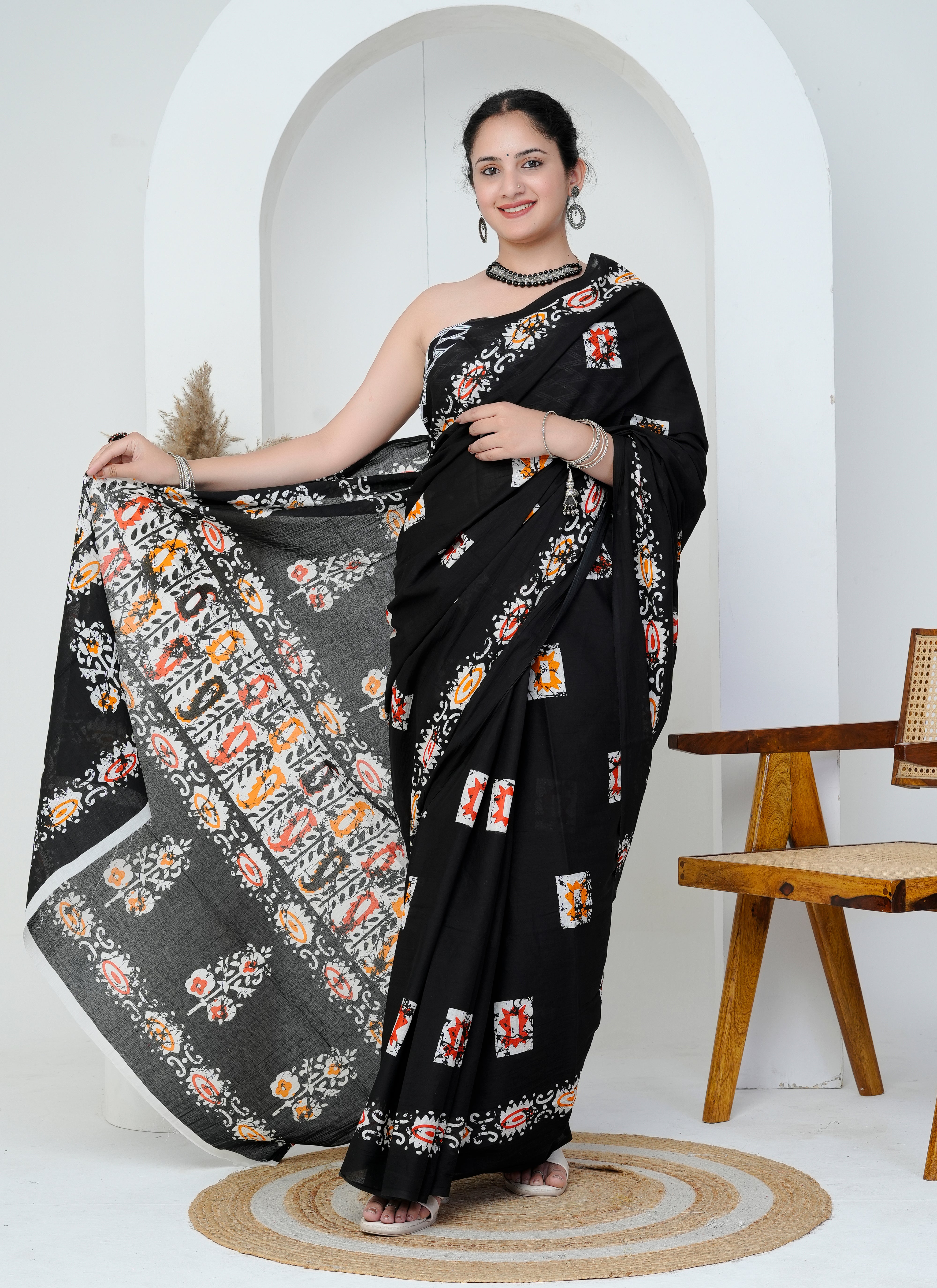 Black Multicolor Hand Block Printed Cotton Saree
