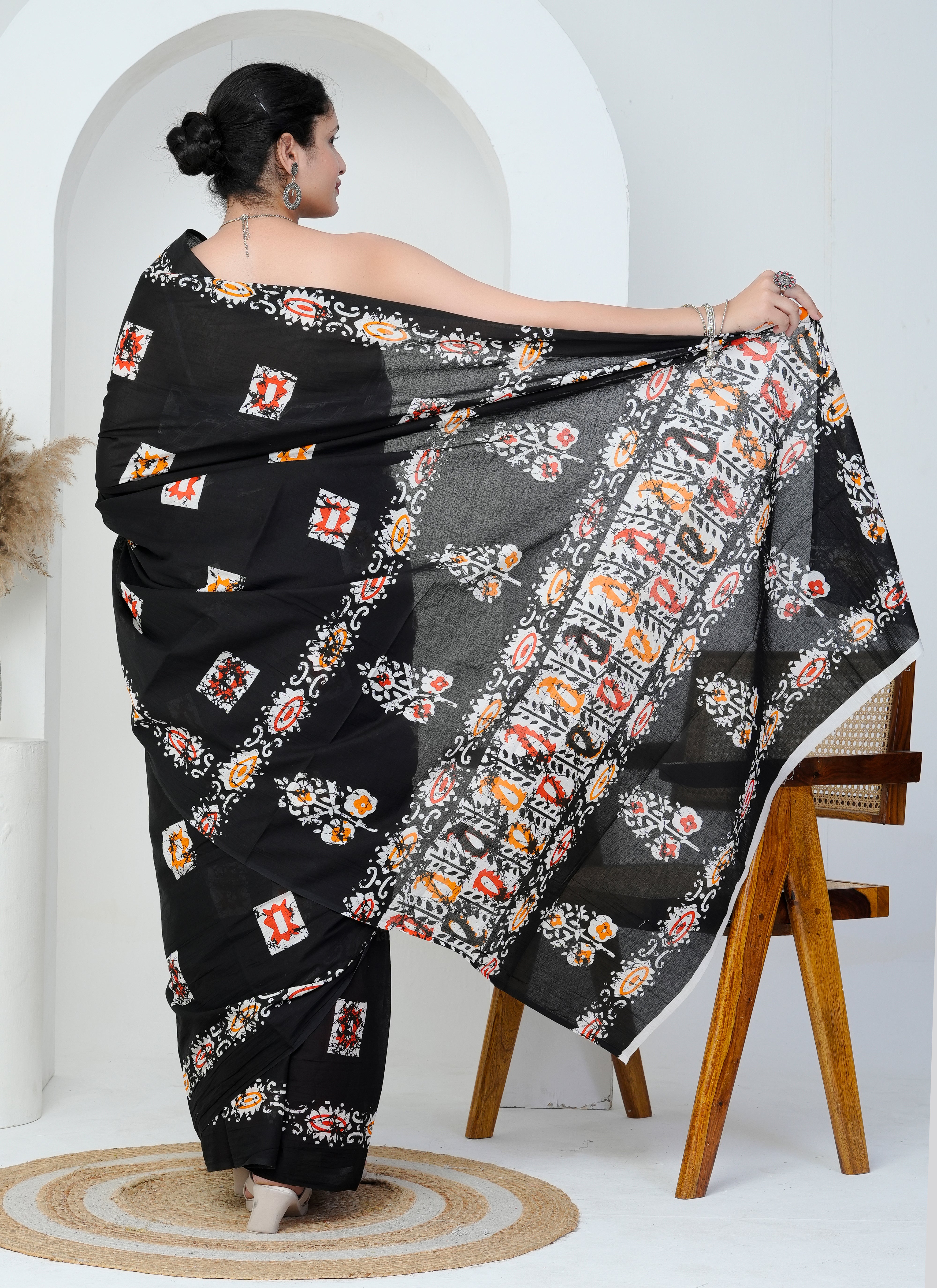 Black Multicolor Hand Block Printed Cotton Saree