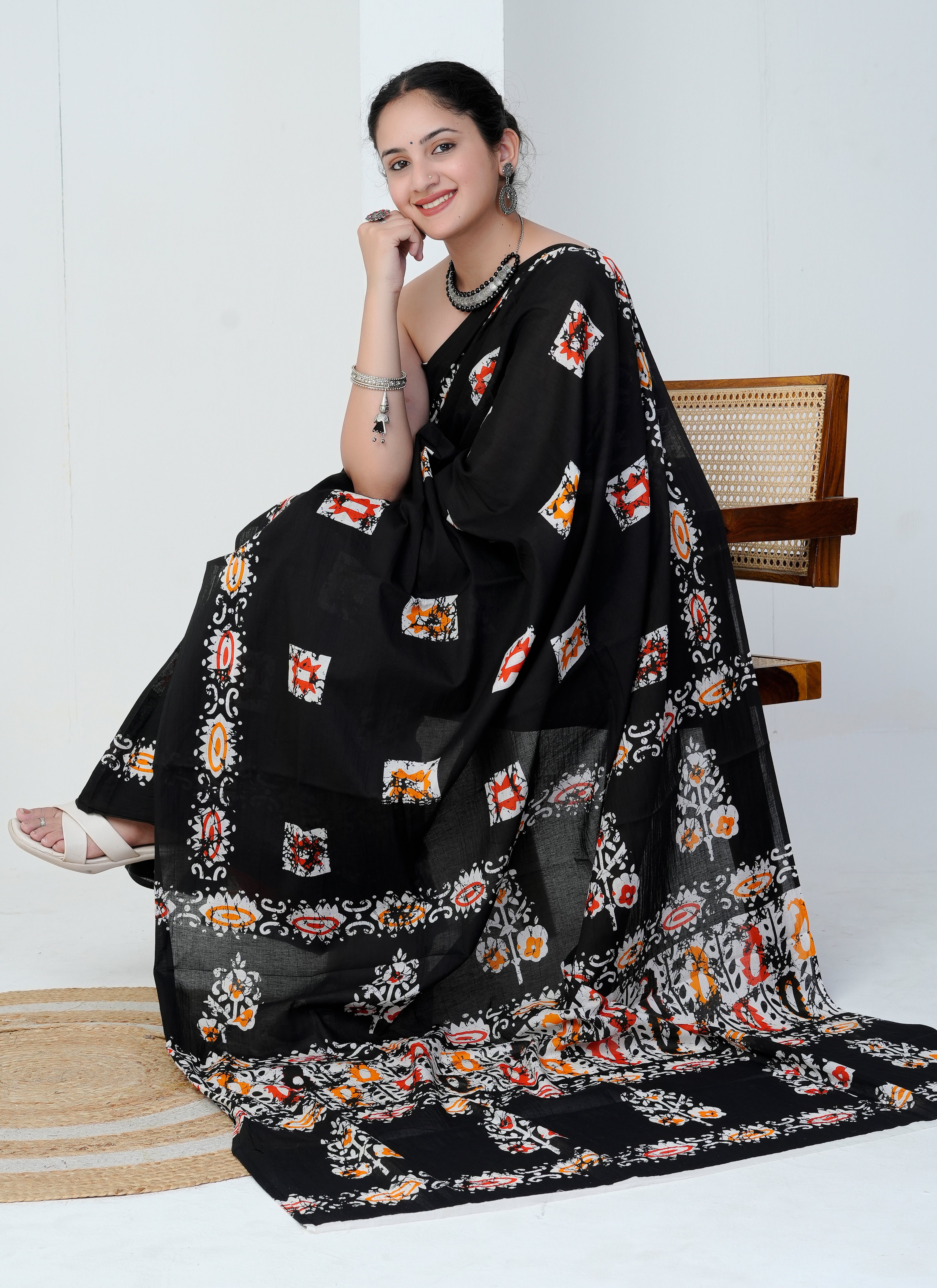Black Multicolor Hand Block Printed Cotton Saree