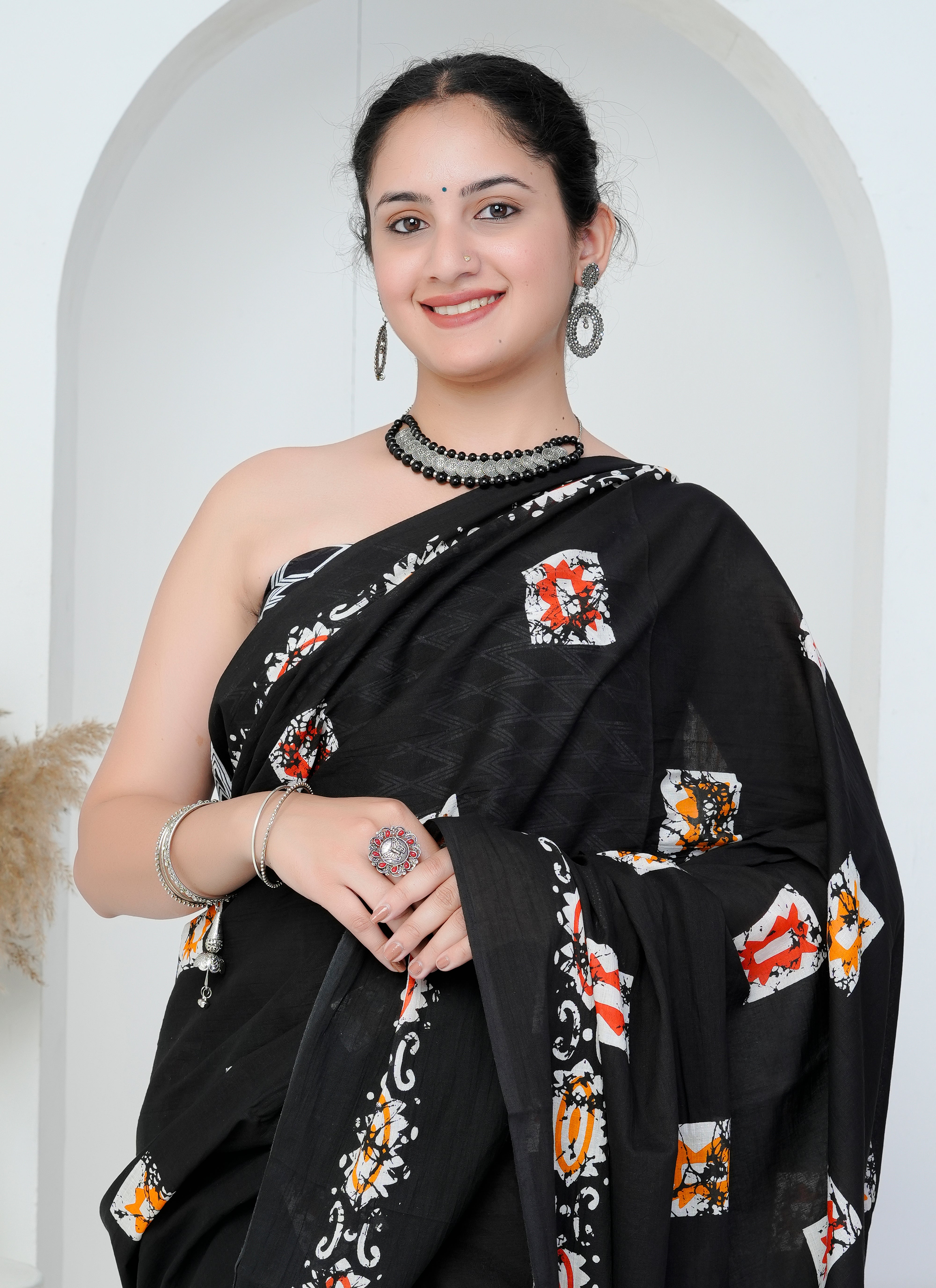 Black Multicolor Hand Block Printed Cotton Saree