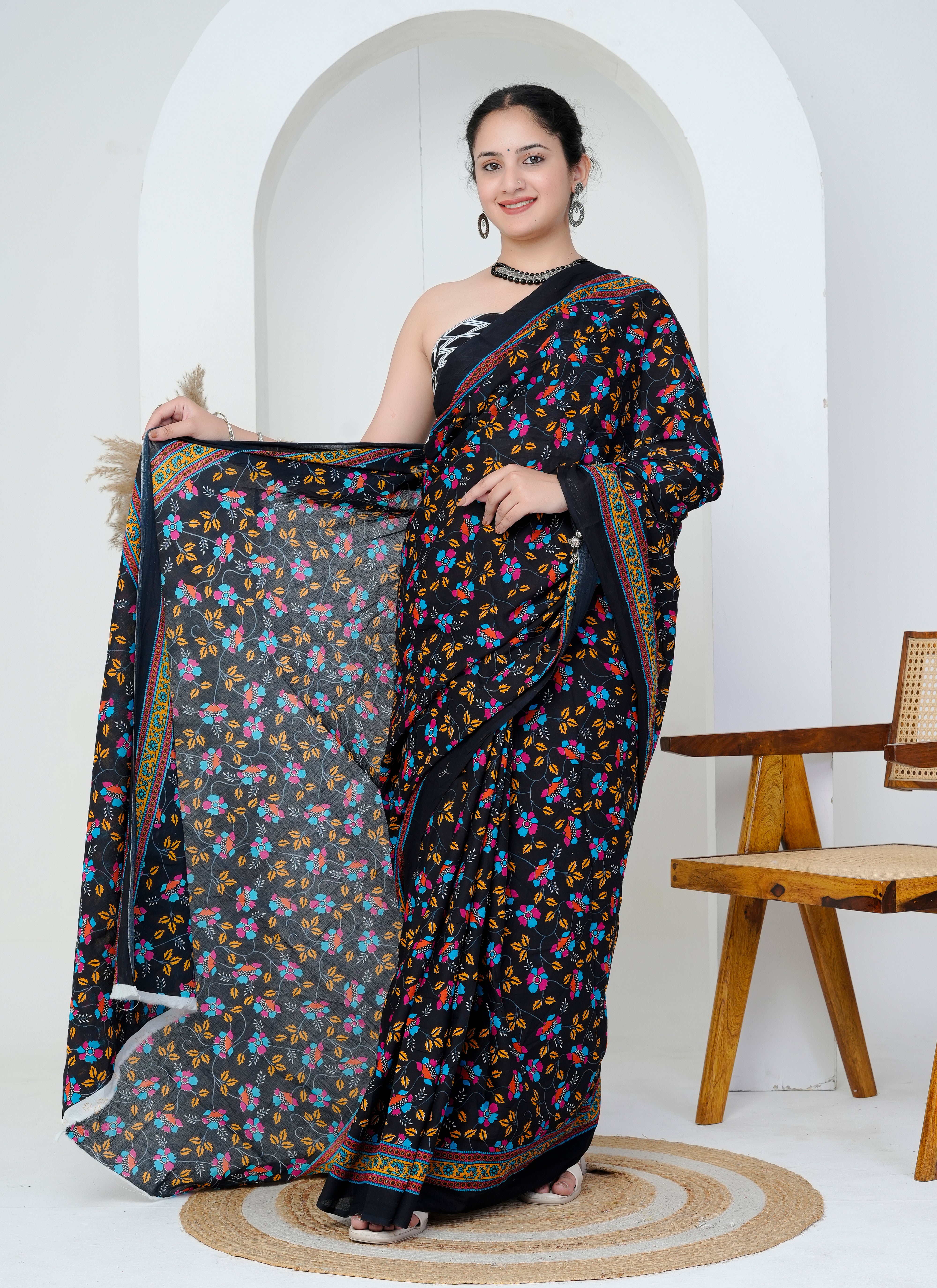 Black Multicolor Hand Block Printed Cotton Saree