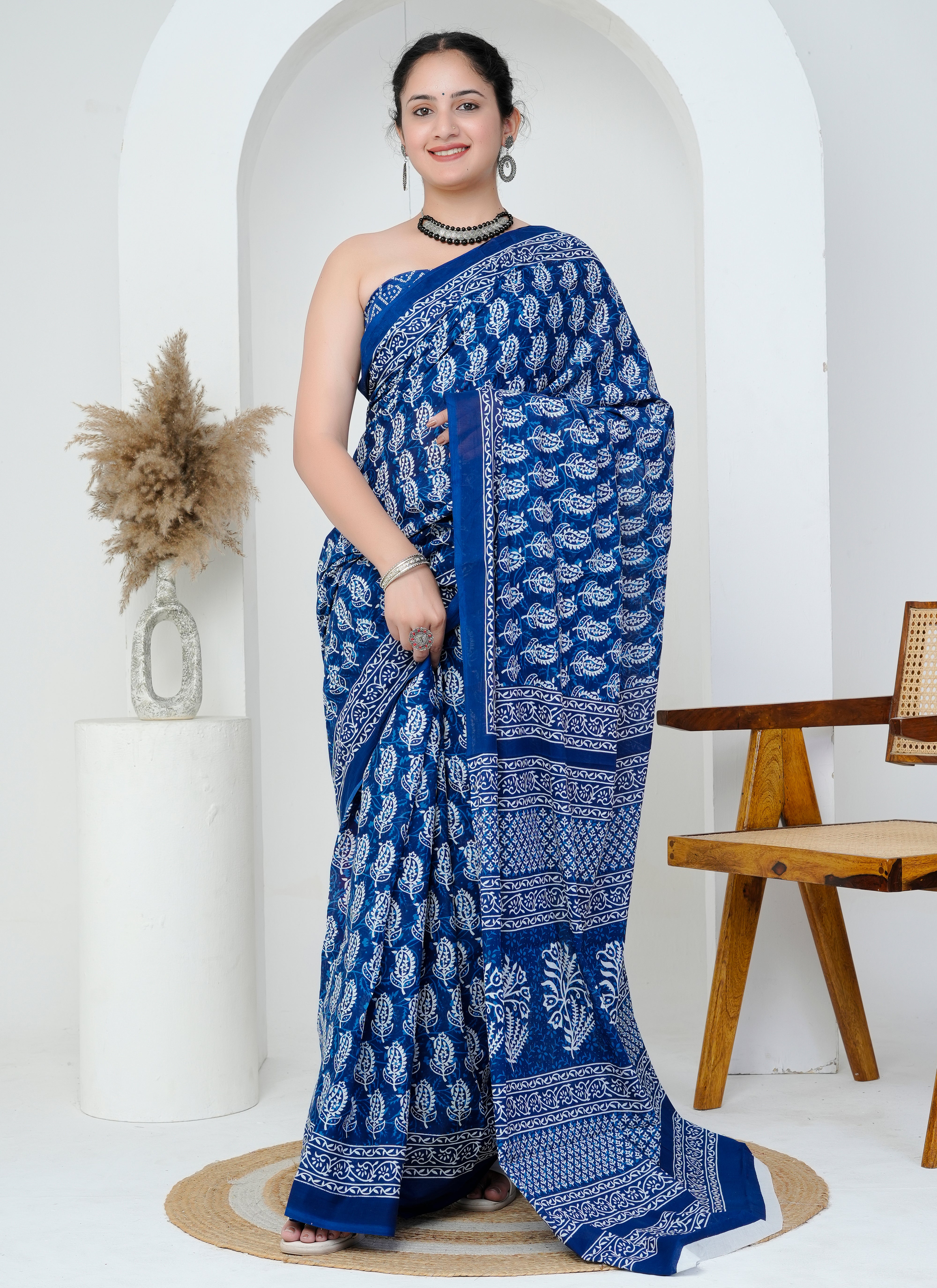 Indigo Blue Paisley Block Print Cotton Saree
