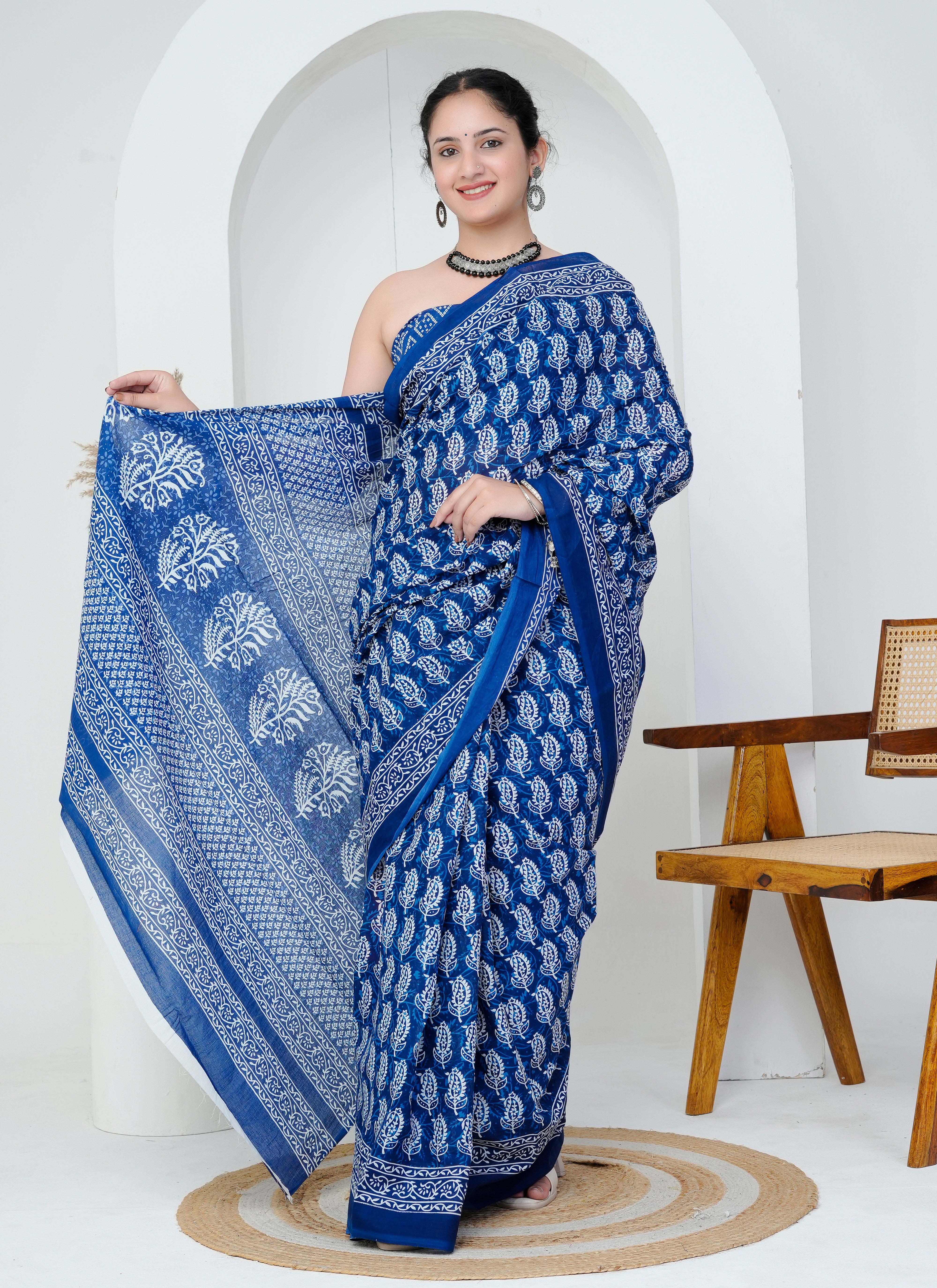 Indigo Blue Paisley Block Print Cotton Saree