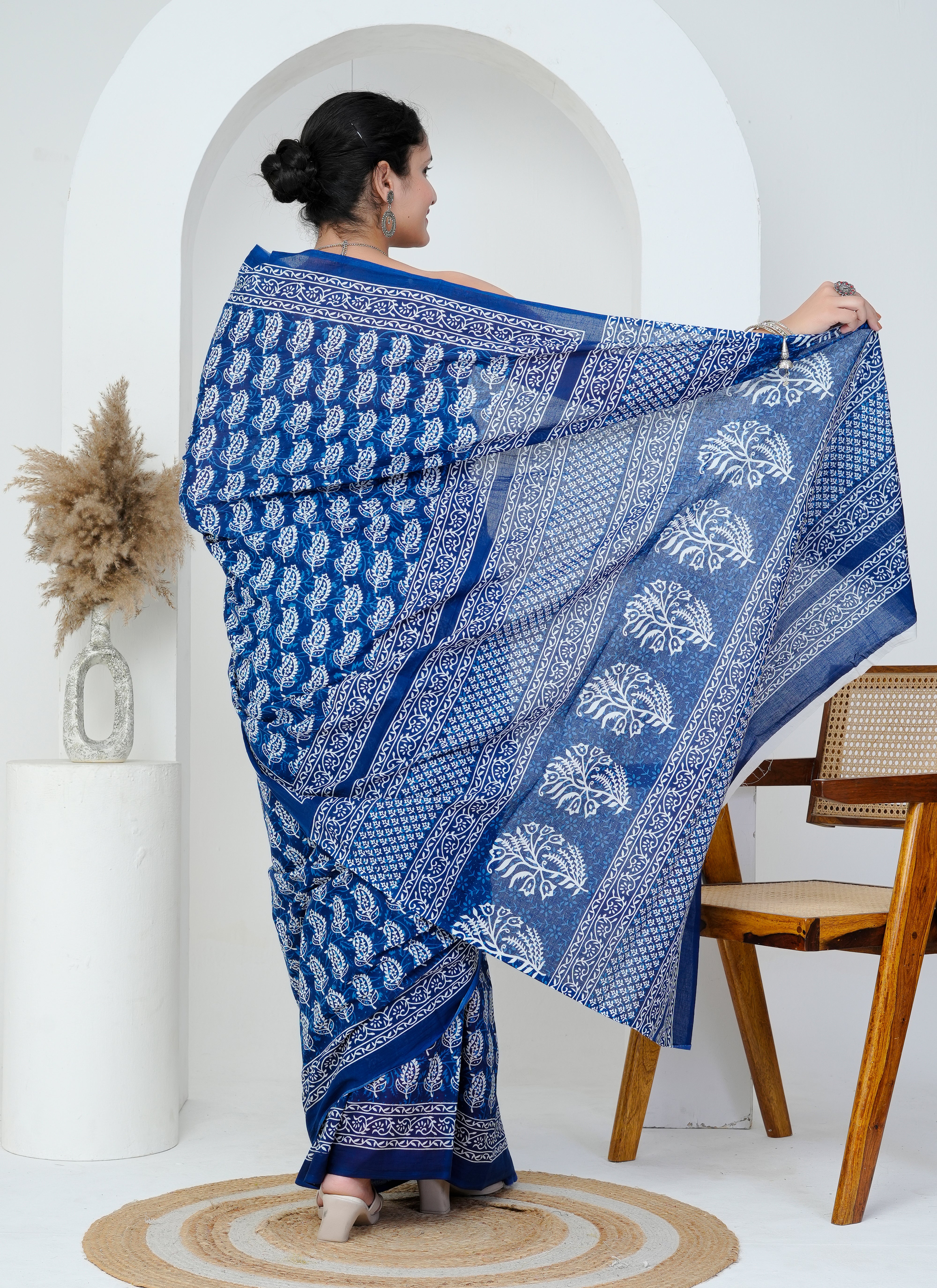 Indigo Blue Paisley Block Print Cotton Saree