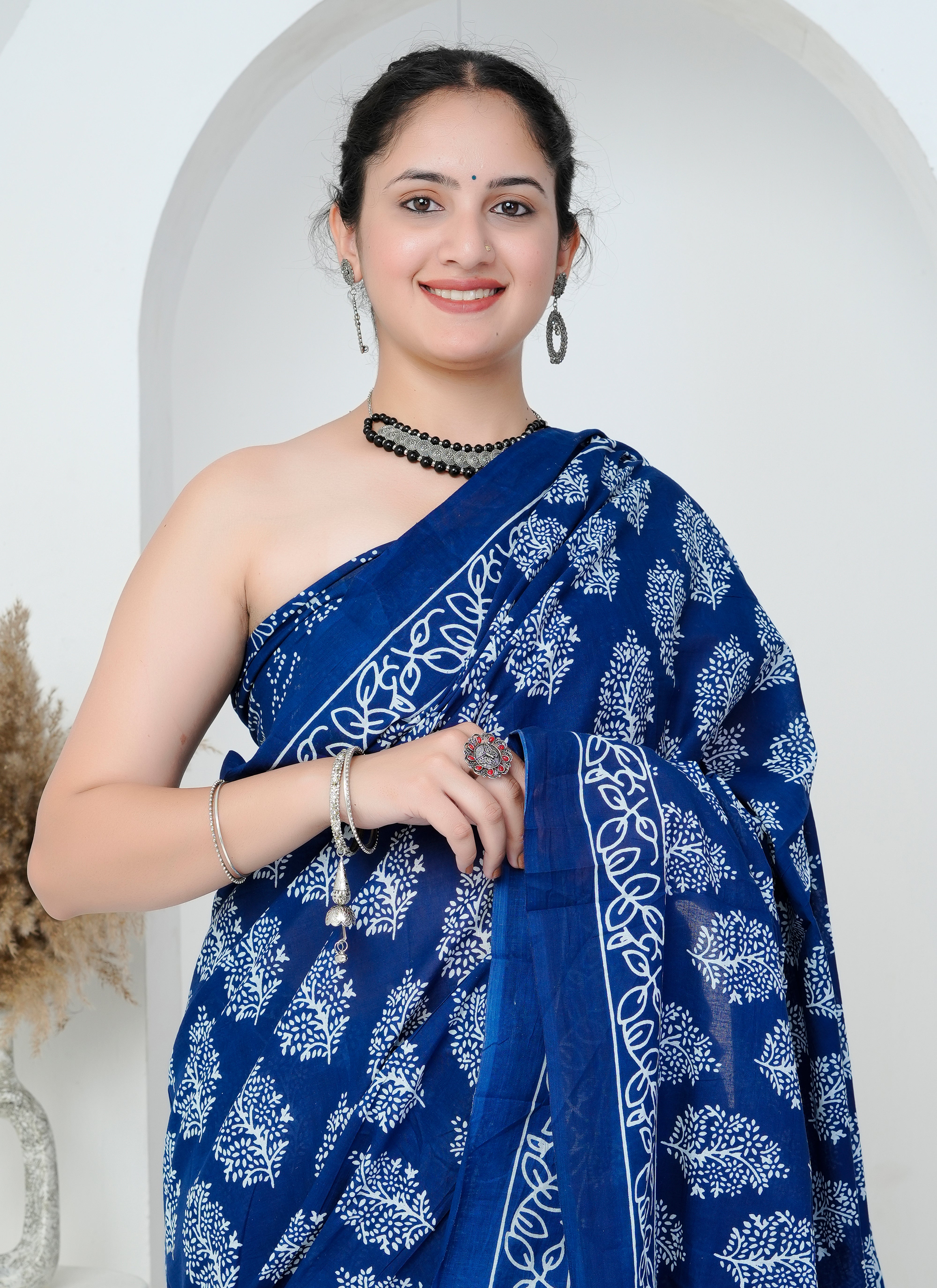 Indigo Blue Paisley Block Print Cotton Saree