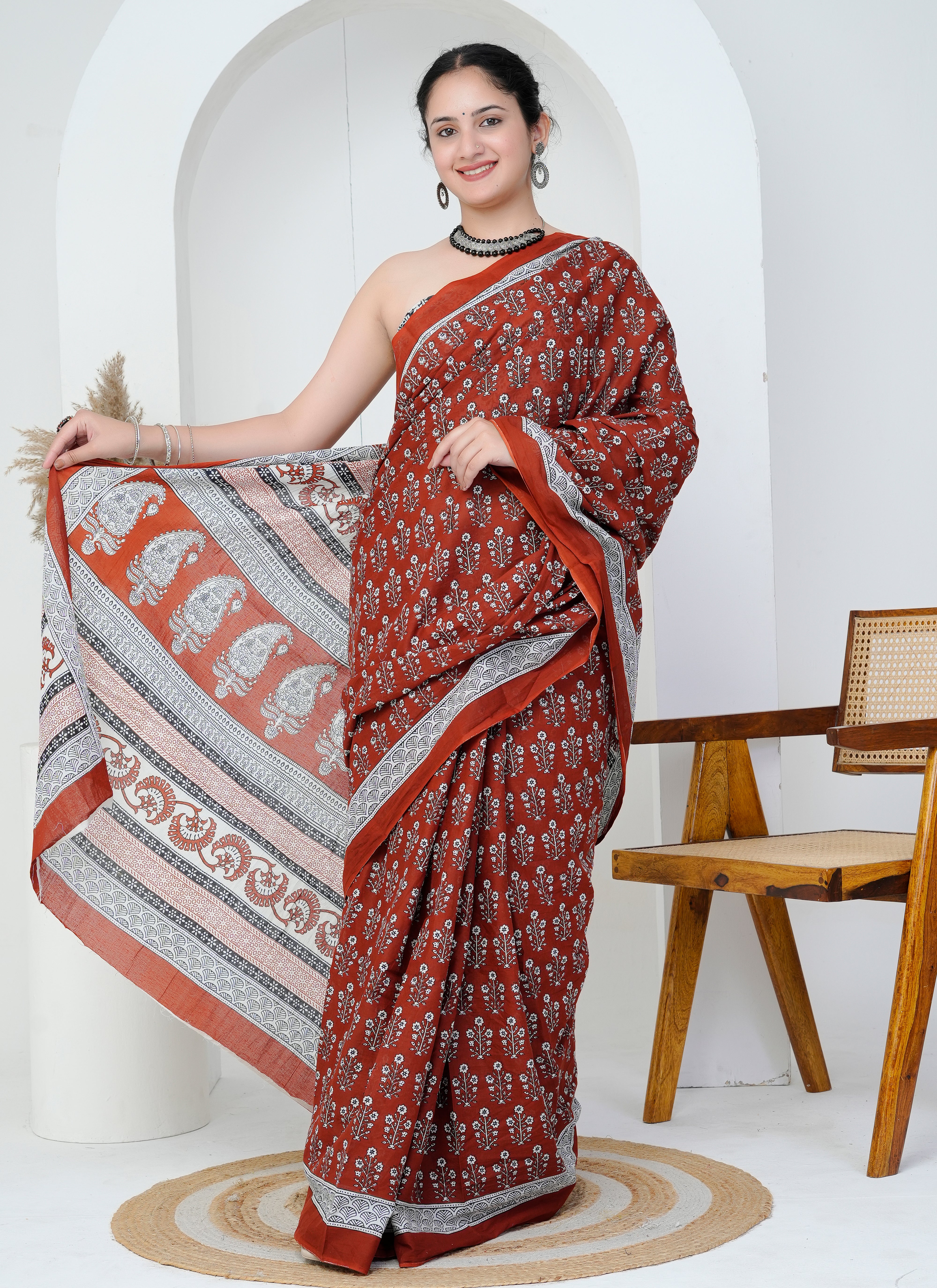 Rust Red Ethnic Motif Cotton Saree