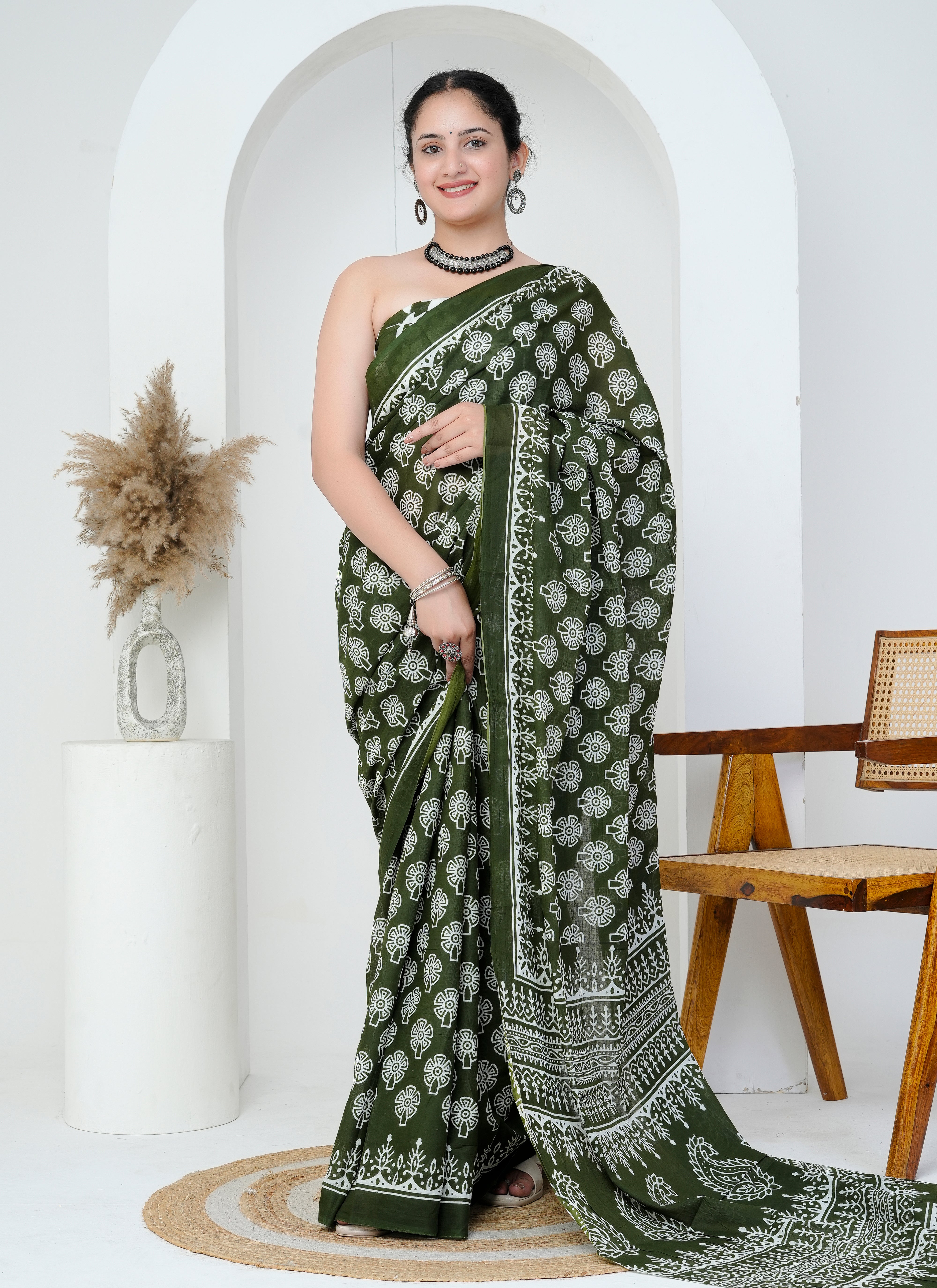Olive Green Paisley Cotton Saree
