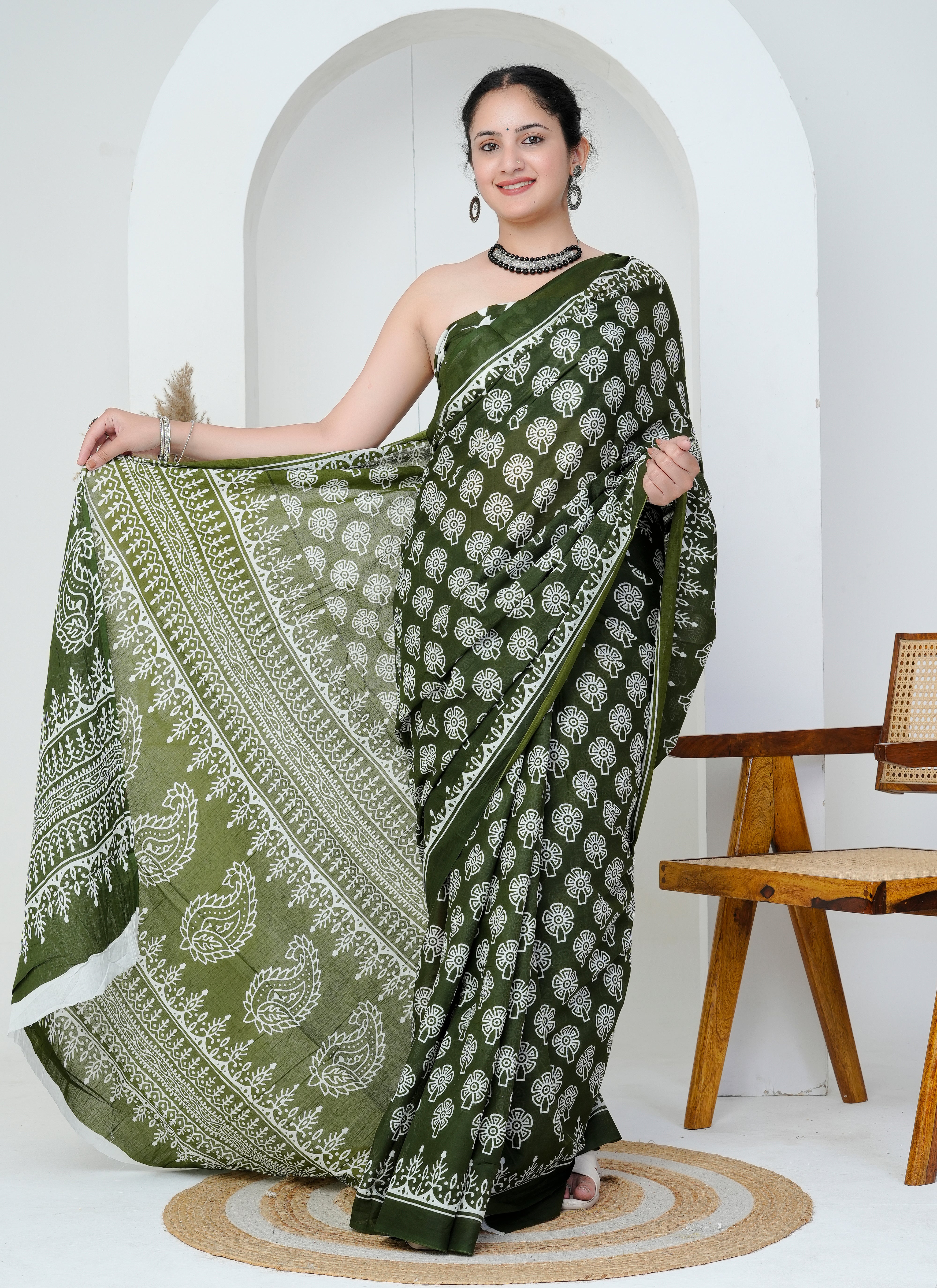Olive Green Paisley Cotton Saree