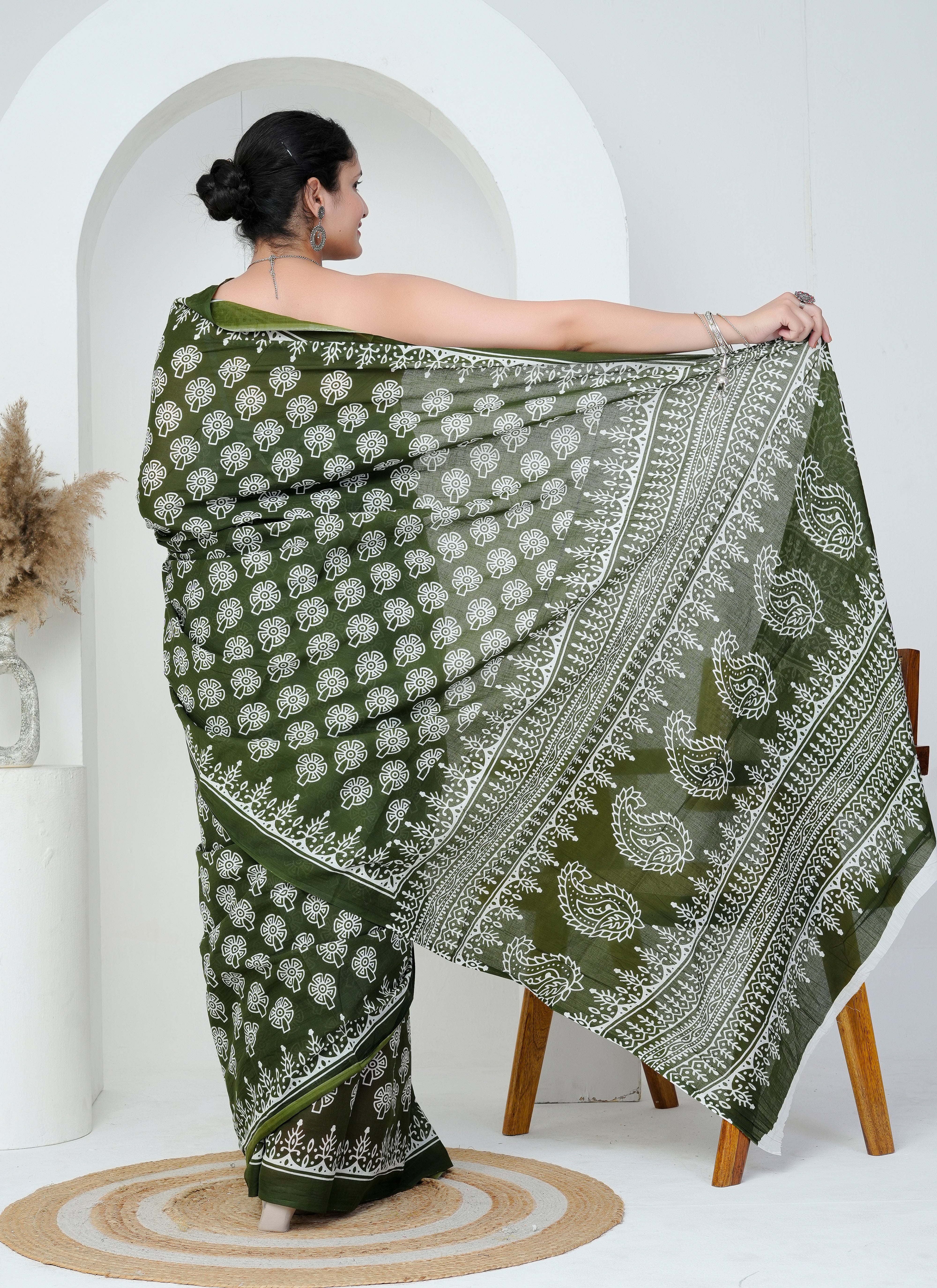 Olive Green Paisley Cotton Saree