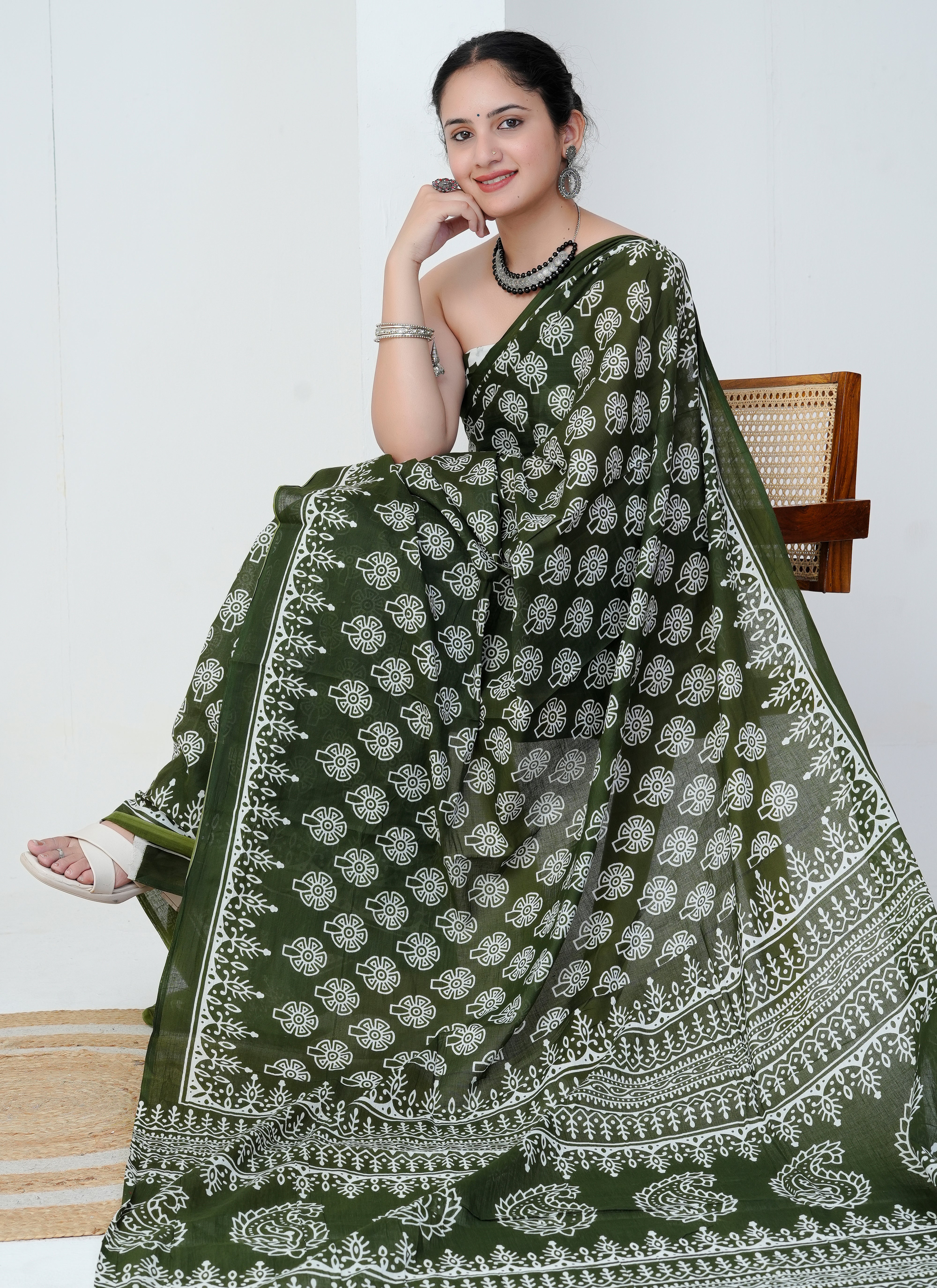 Olive Green Paisley Cotton Saree