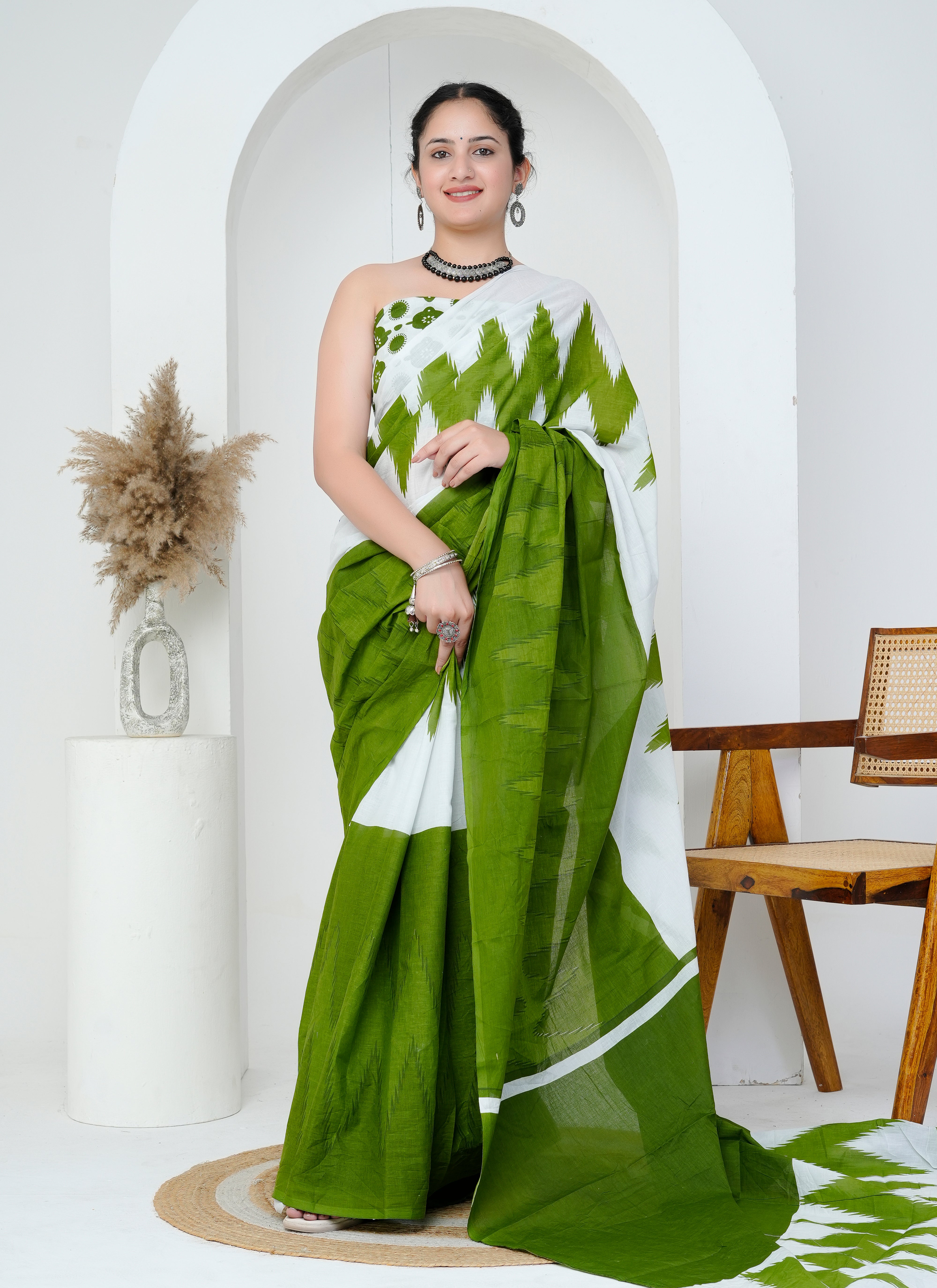 White and Leaf Green Ikat Cotton Saree