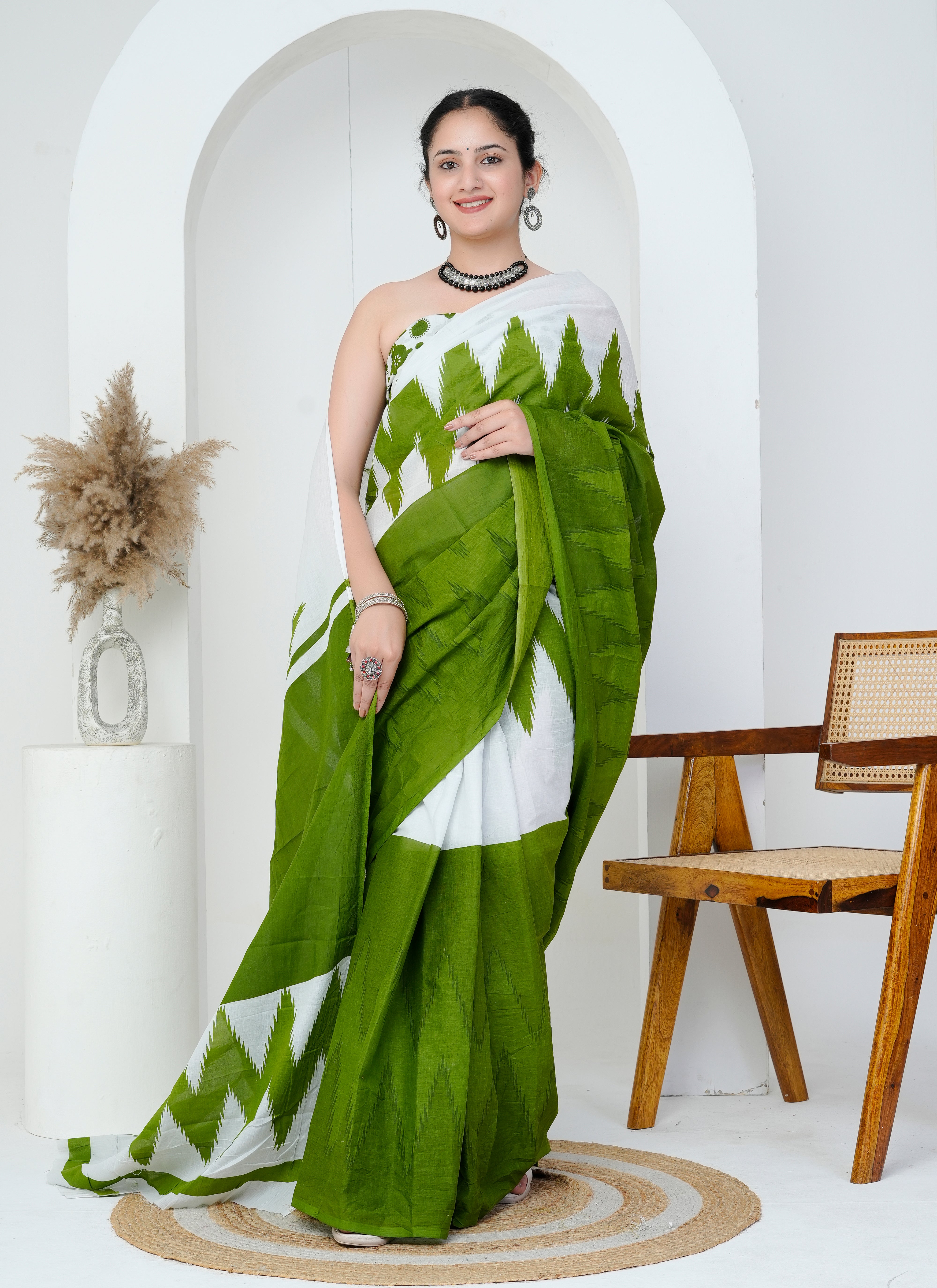 White and Leaf Green Ikat Cotton Saree