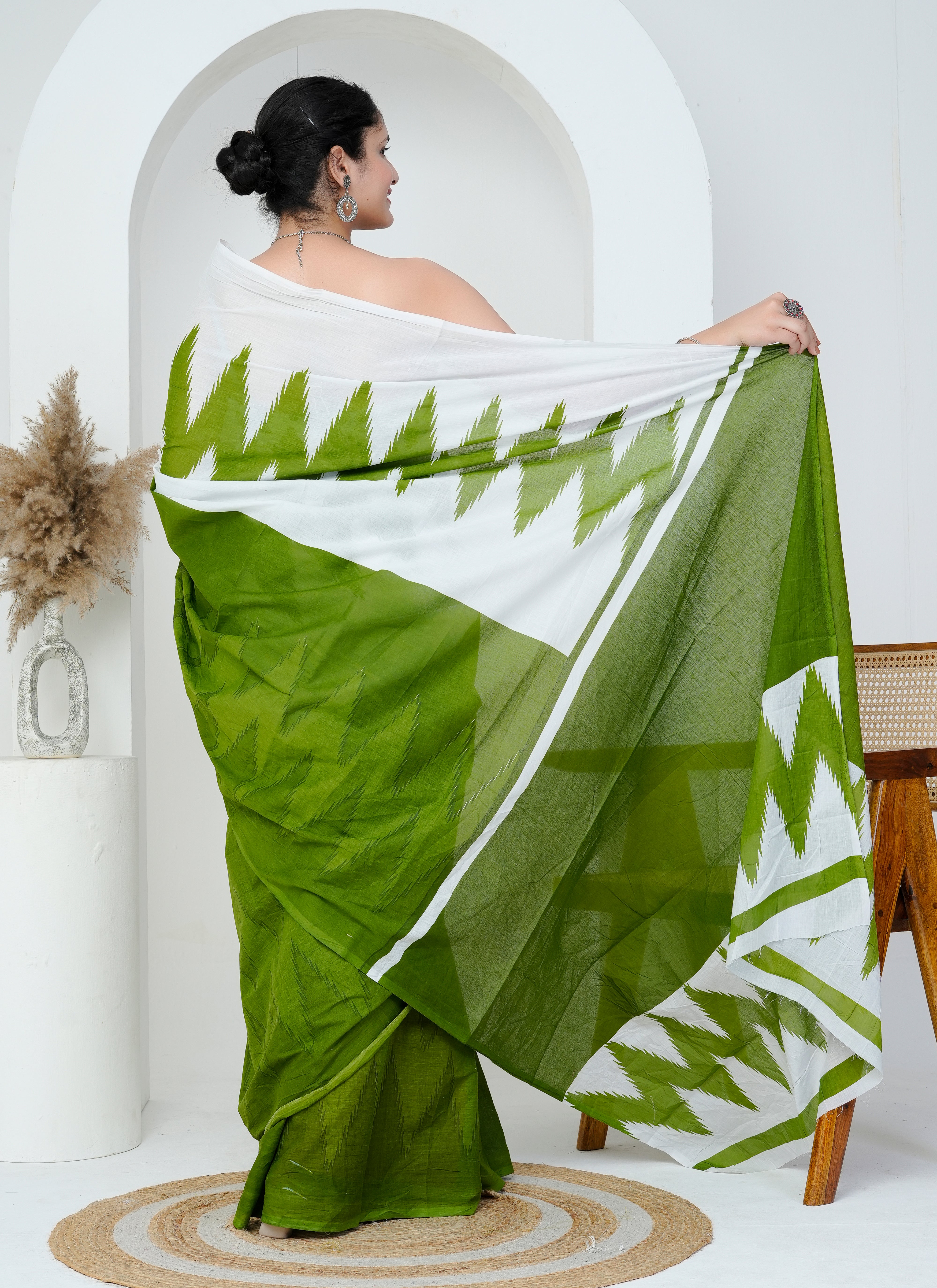 White and Leaf Green Ikat Cotton Saree