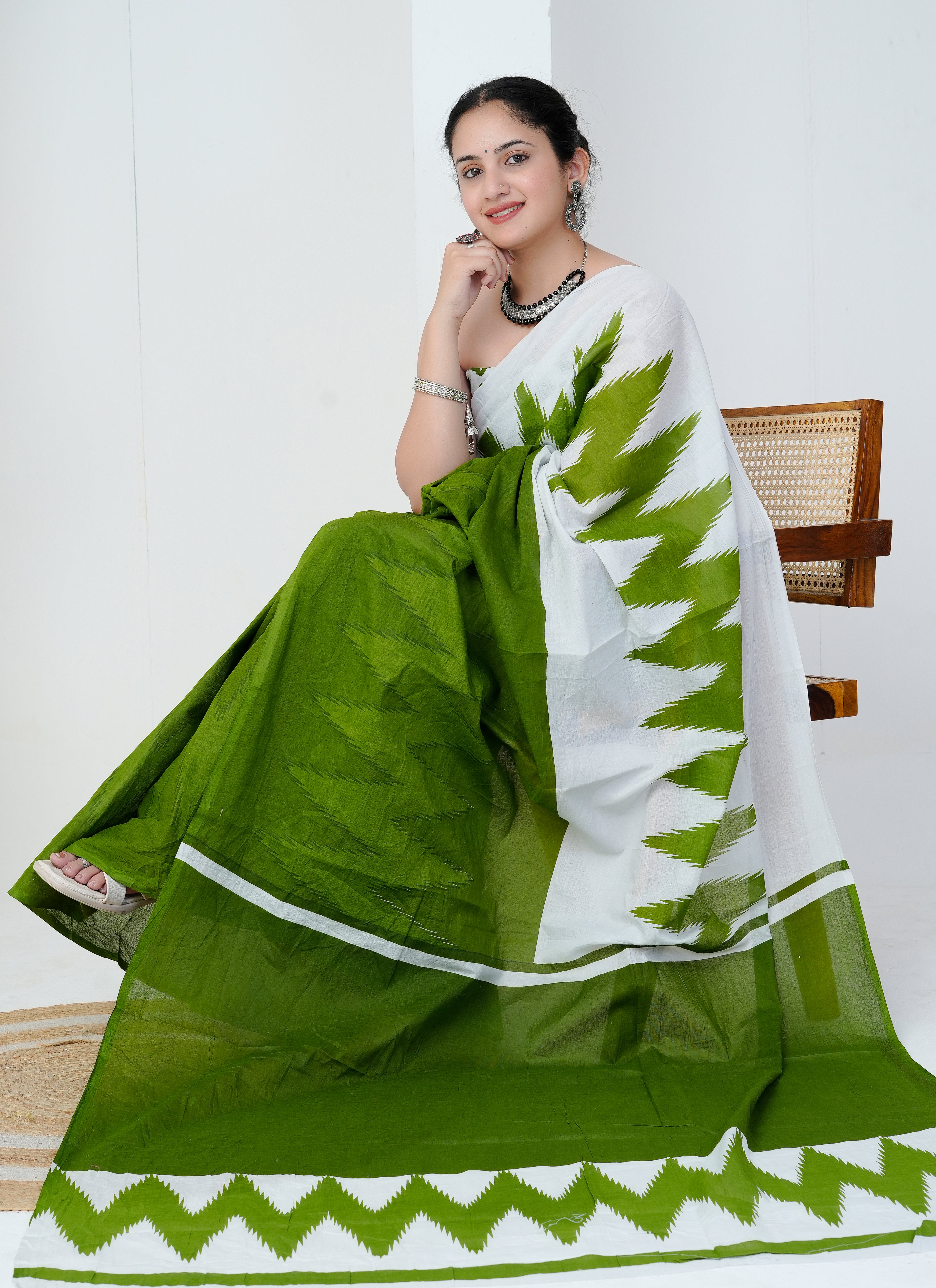 White and Leaf Green Ikat Cotton Saree