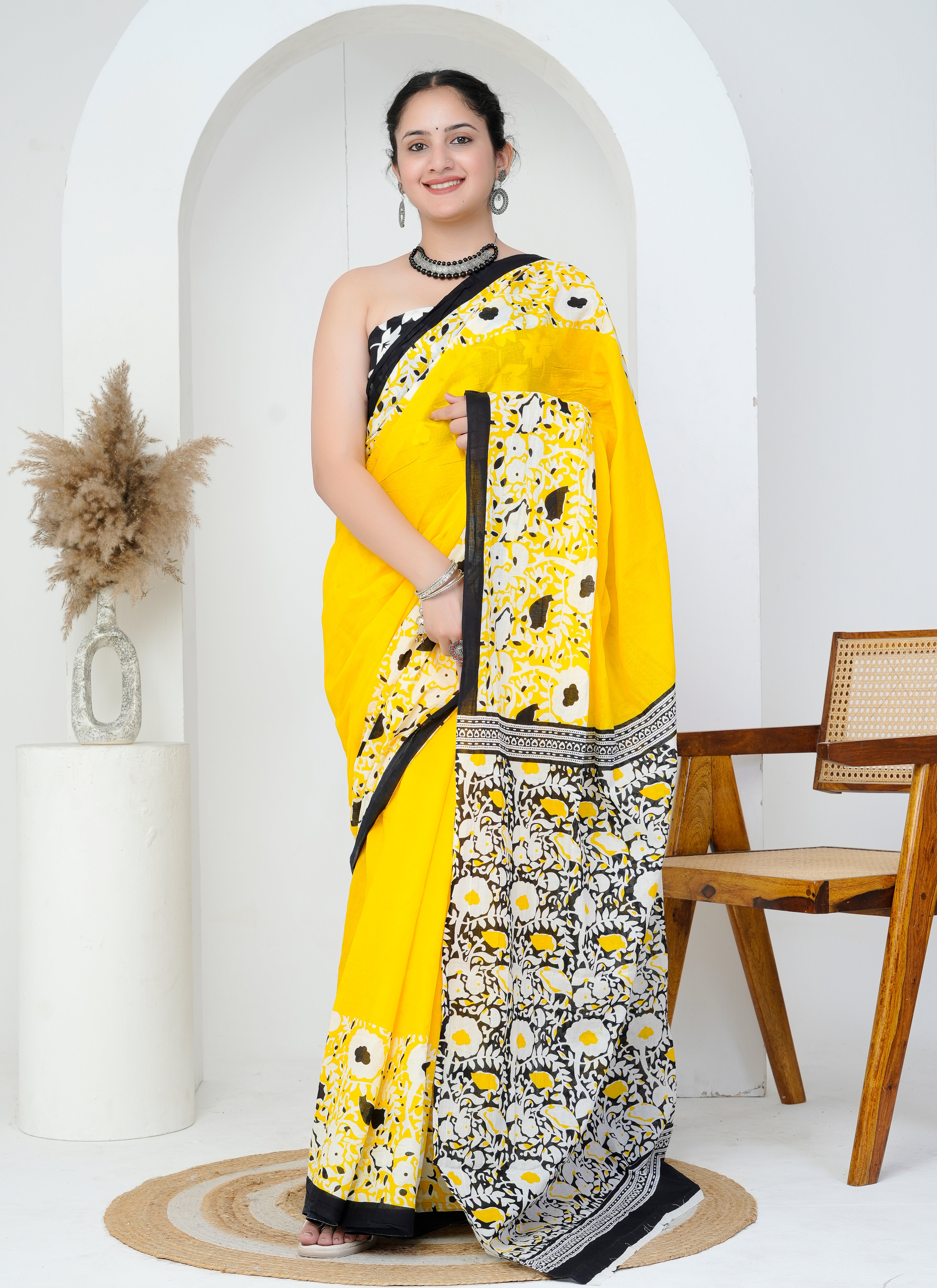 Sunshine Yellow and Black Floral Cotton Saree