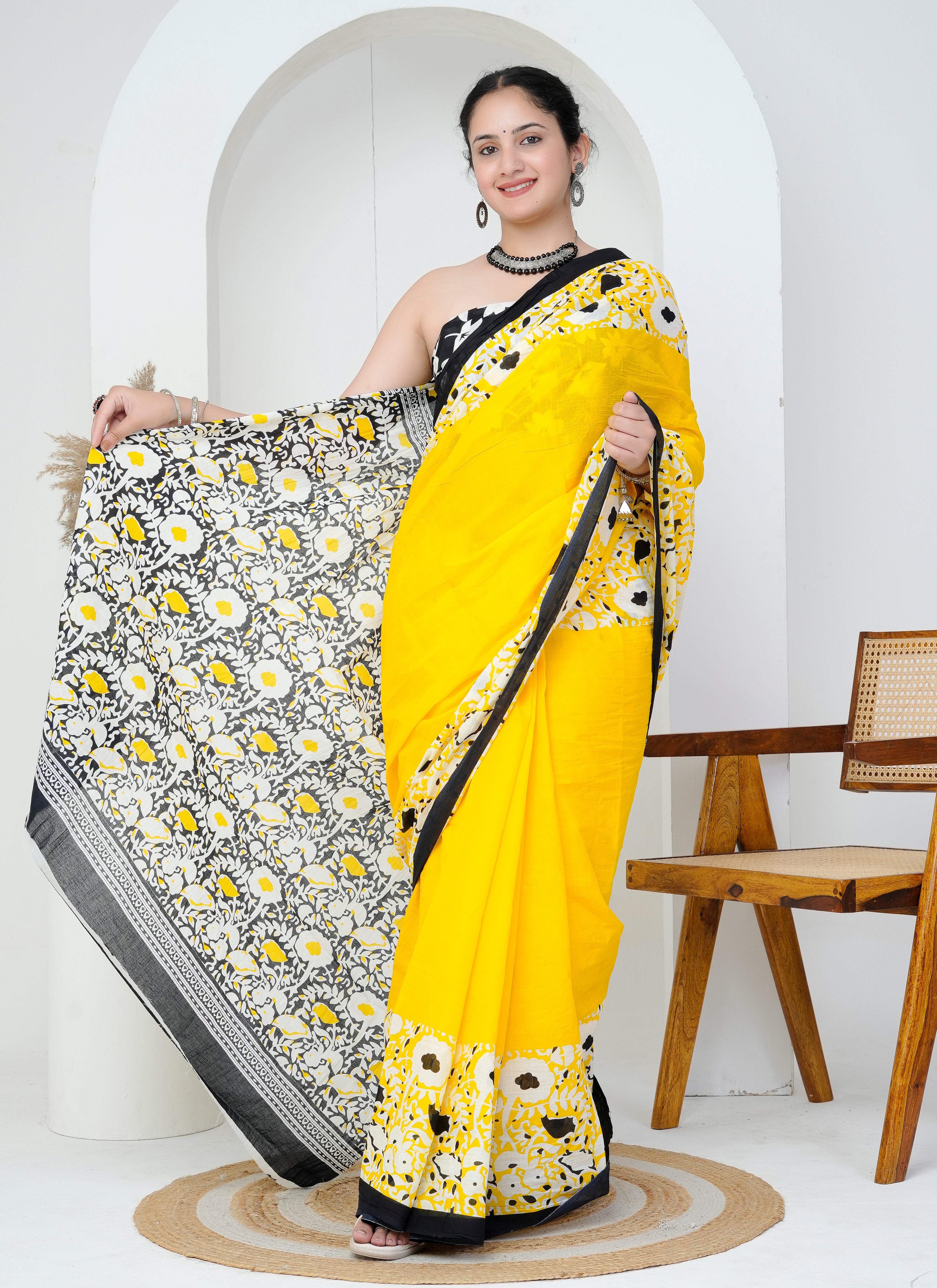 Sunshine Yellow and Black Floral Cotton Saree