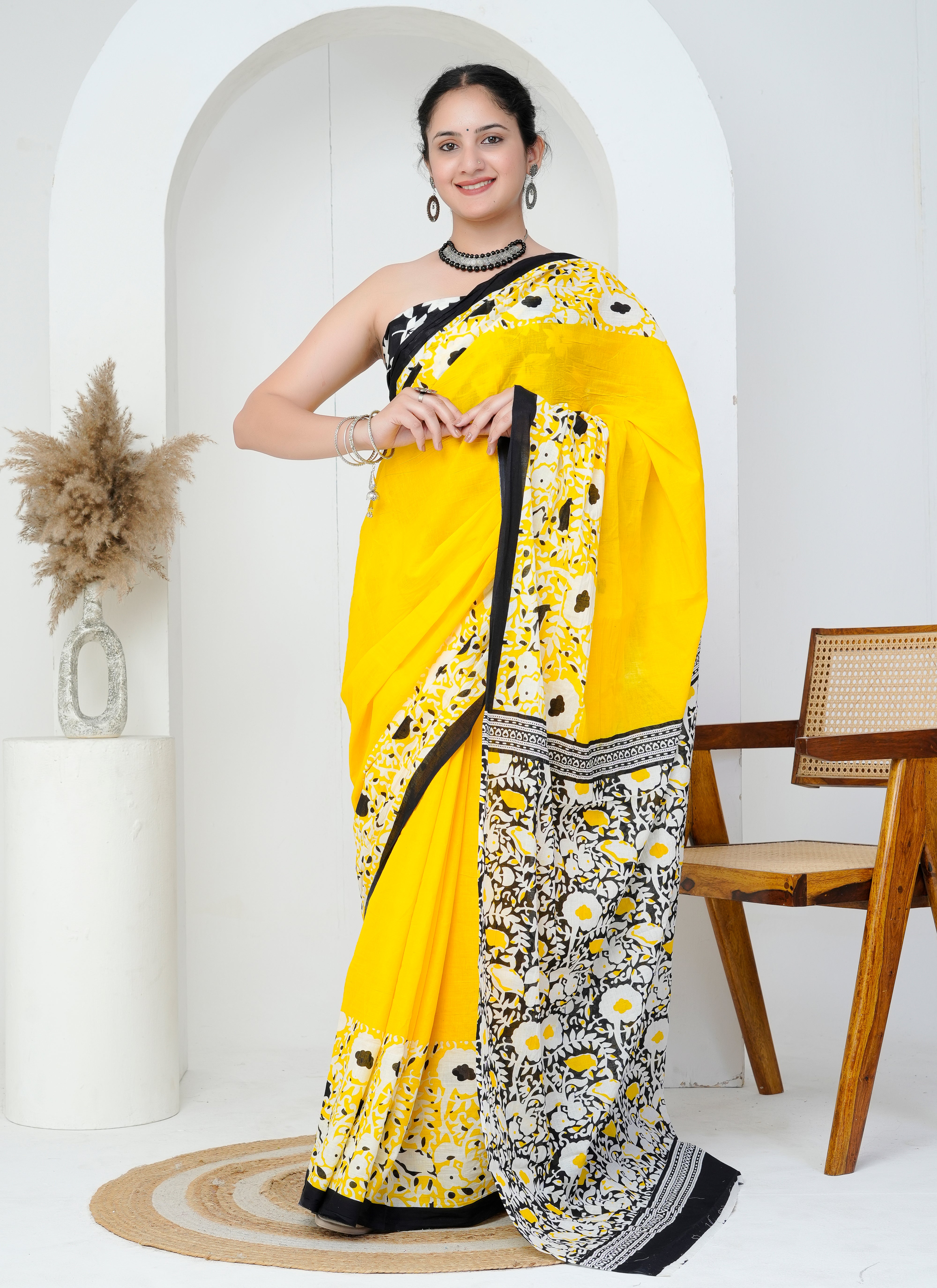 Sunshine Yellow and Black Floral Cotton Saree