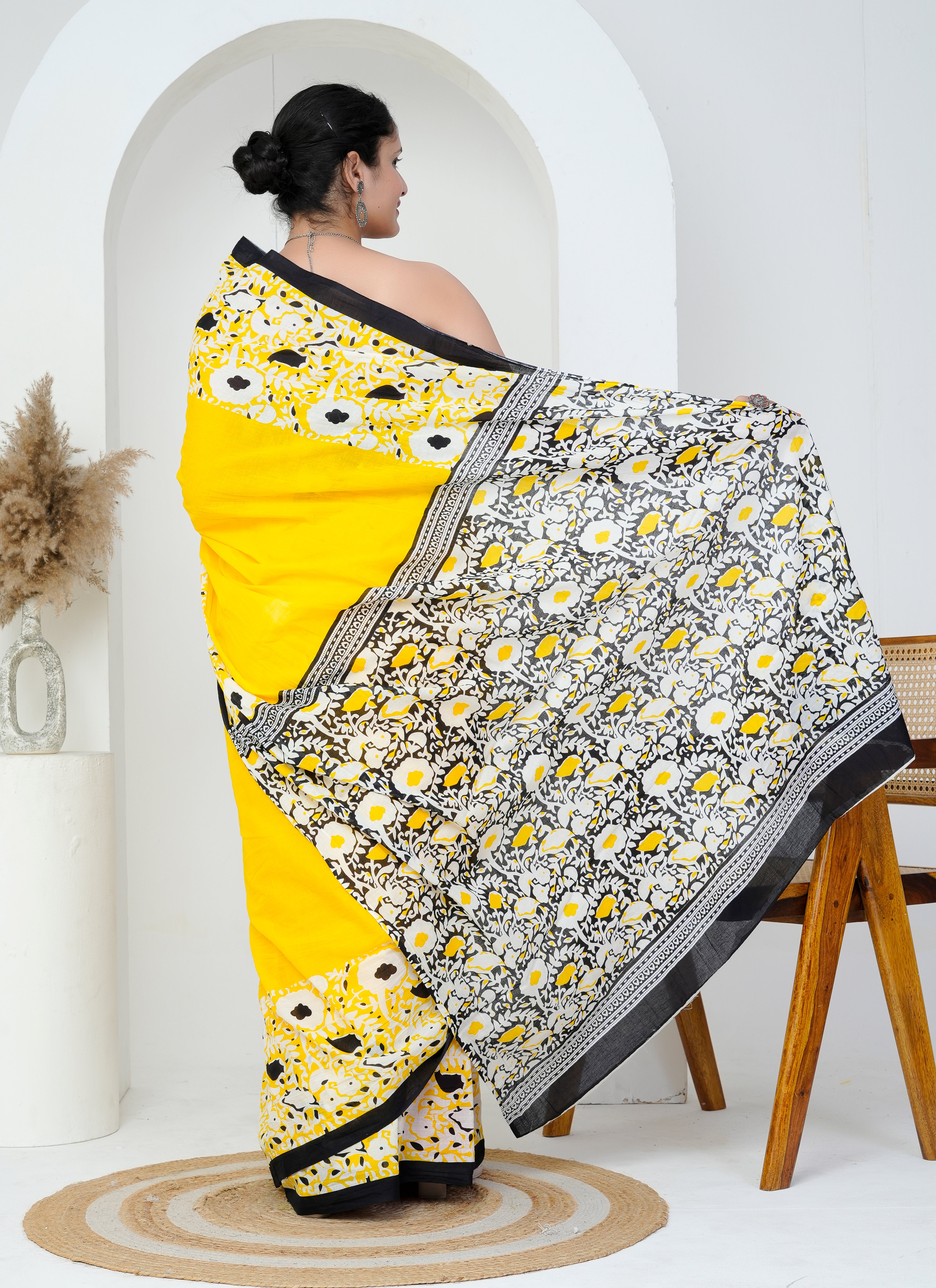 Sunshine Yellow and Black Floral Cotton Saree