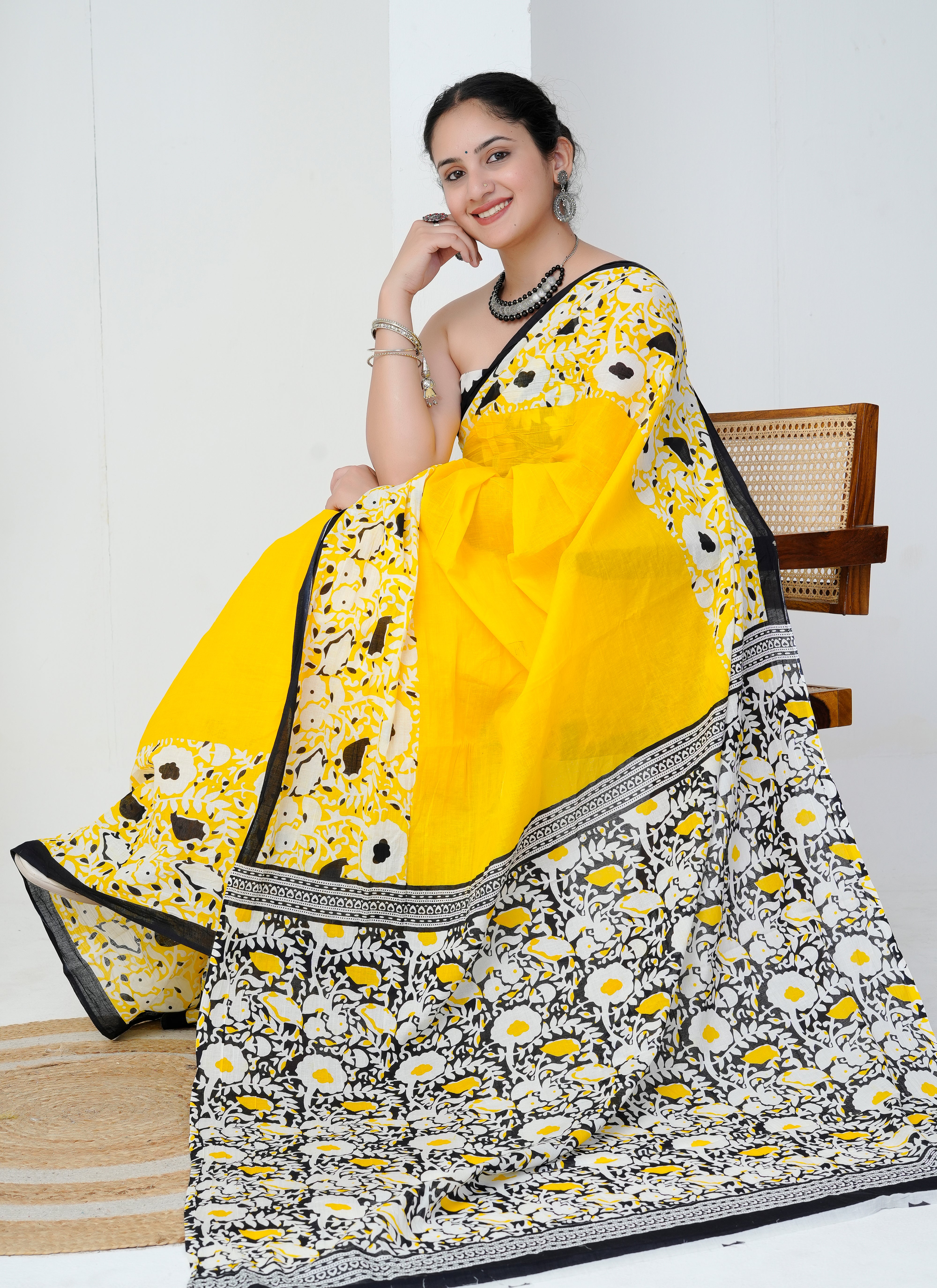 Sunshine Yellow and Black Floral Cotton Saree