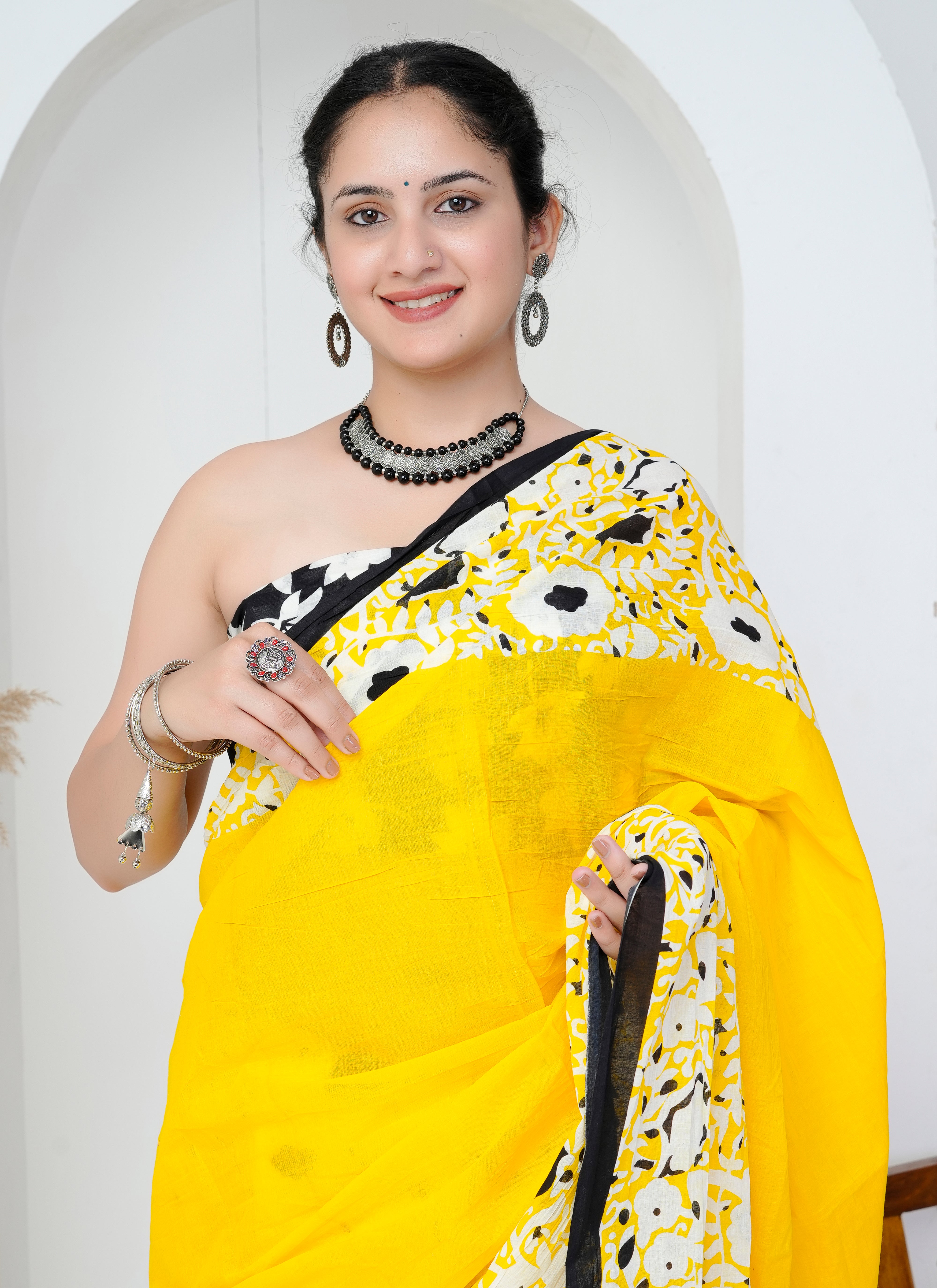 Sunshine Yellow and Black Floral Cotton Saree