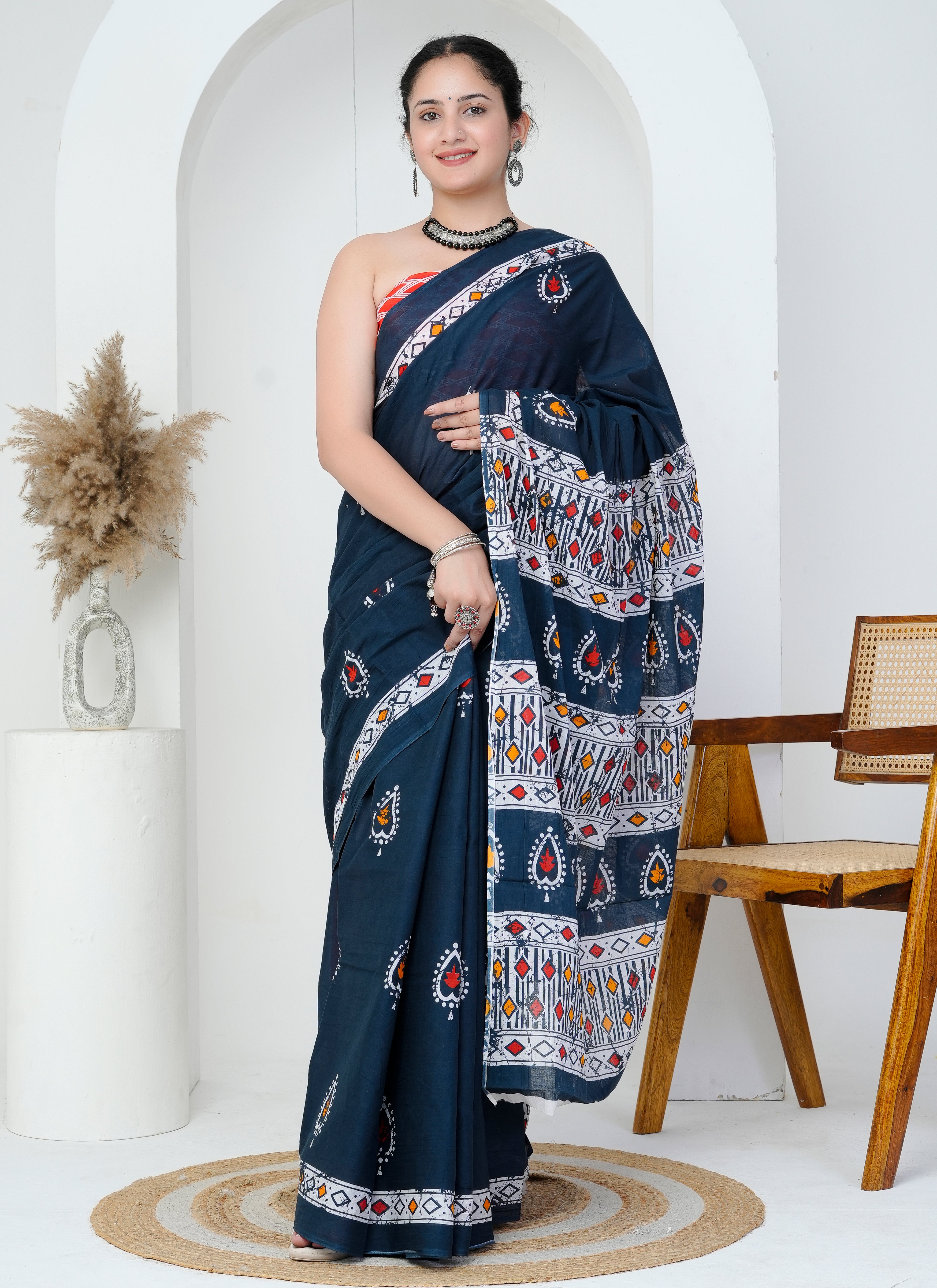 Midnight Blue Tribal Motif Cotton Saree