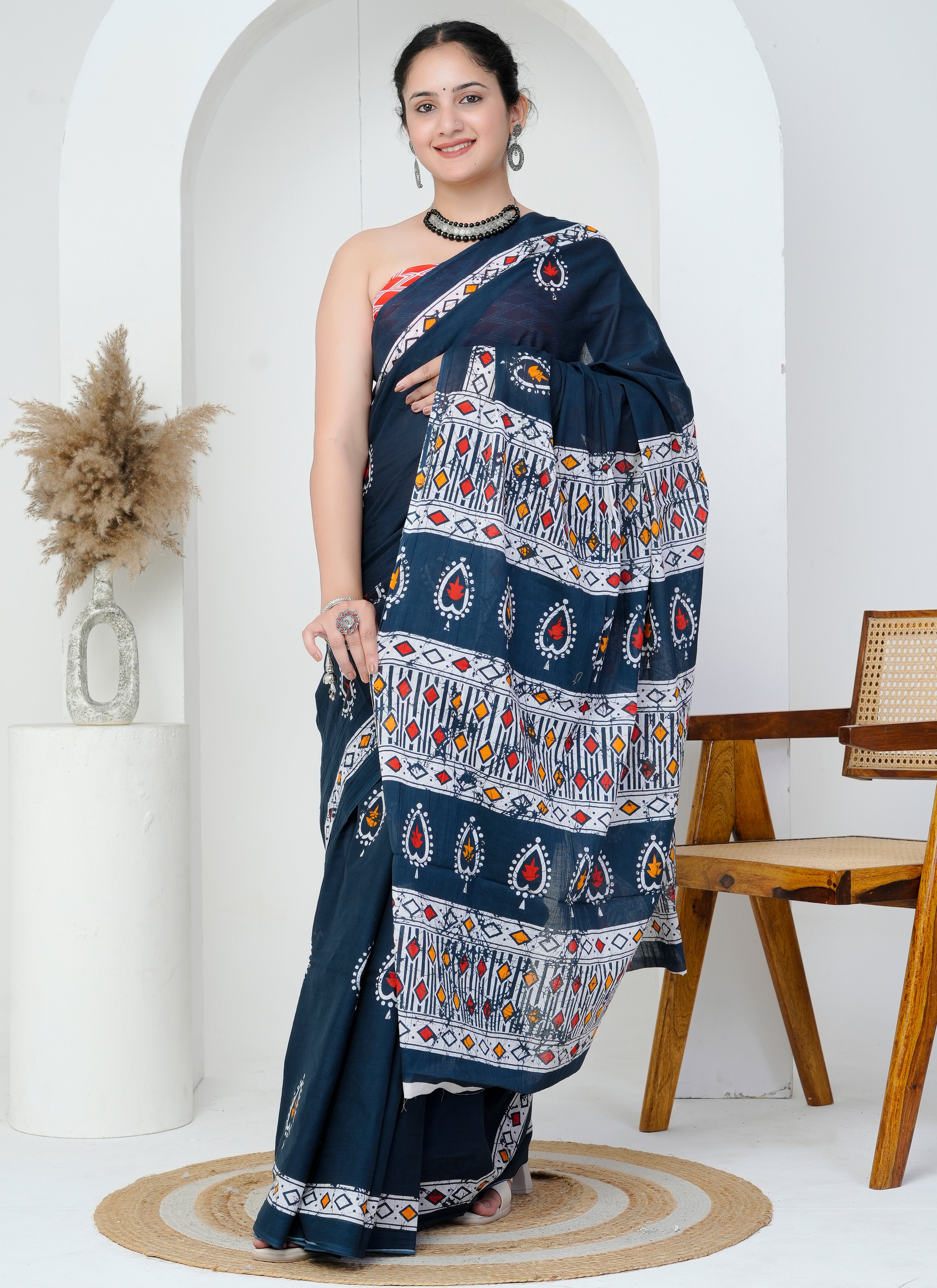 Midnight Blue Tribal Motif Cotton Saree