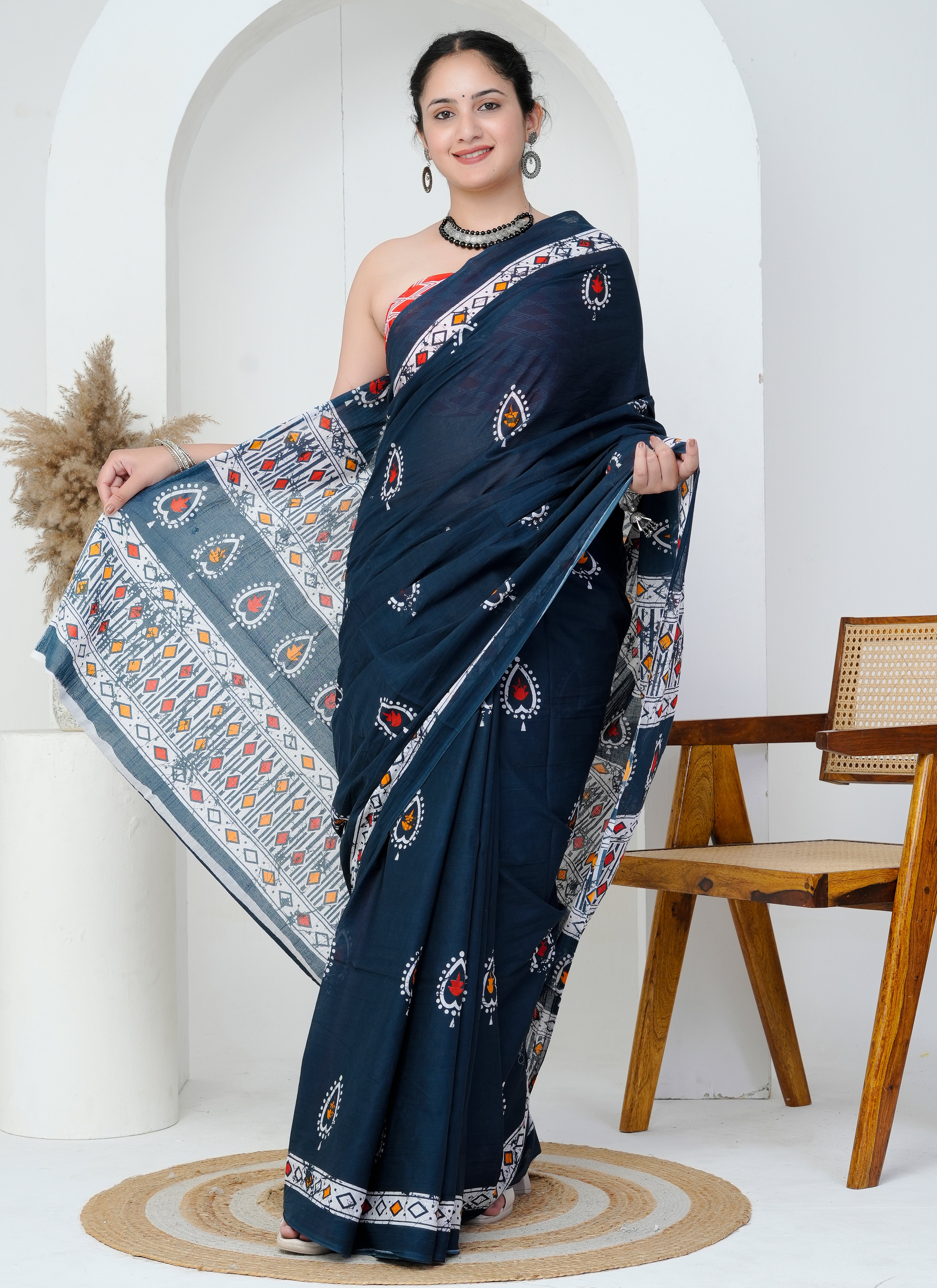 Midnight Blue Tribal Motif Cotton Saree