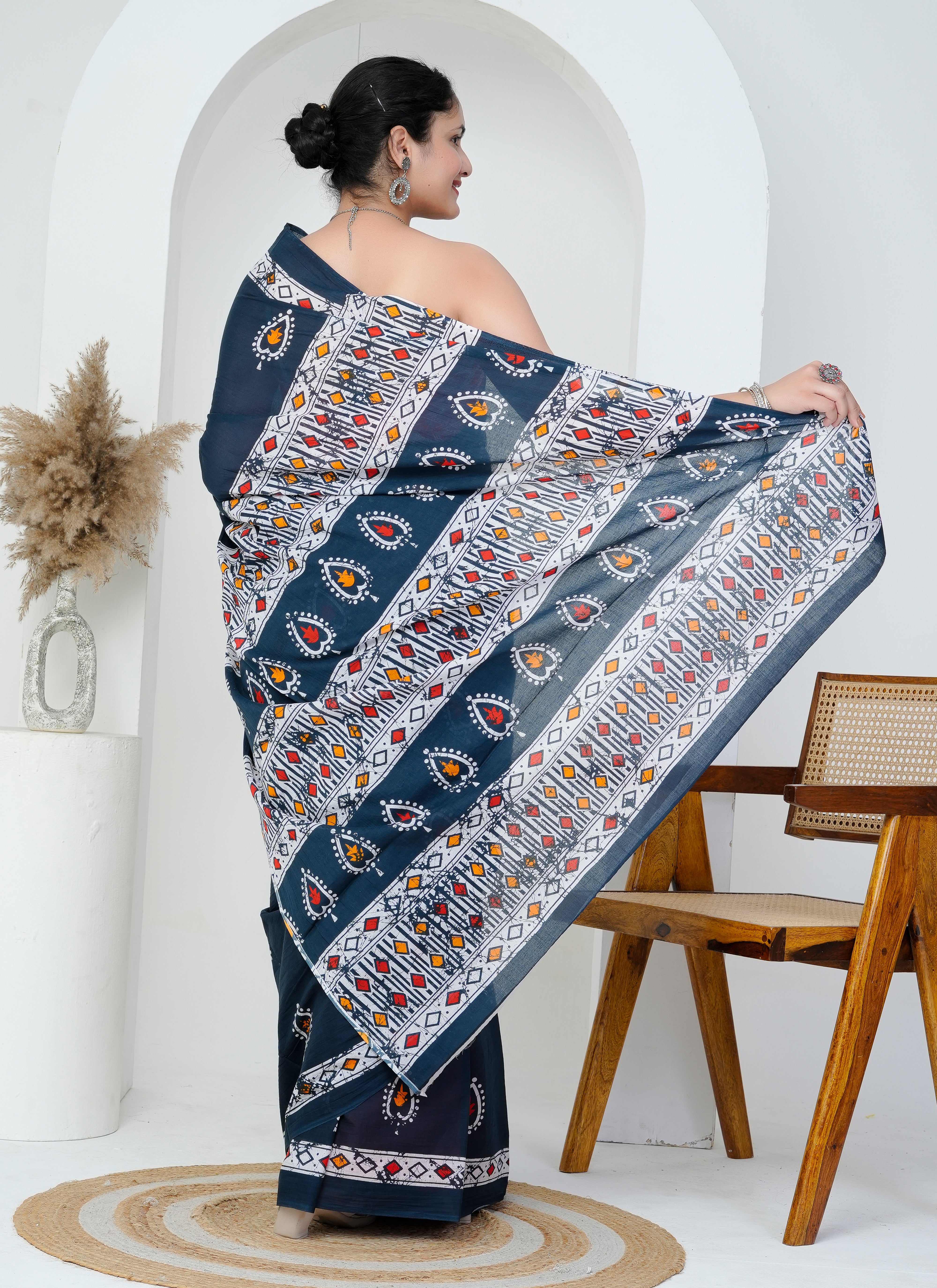 Midnight Blue Tribal Motif Cotton Saree