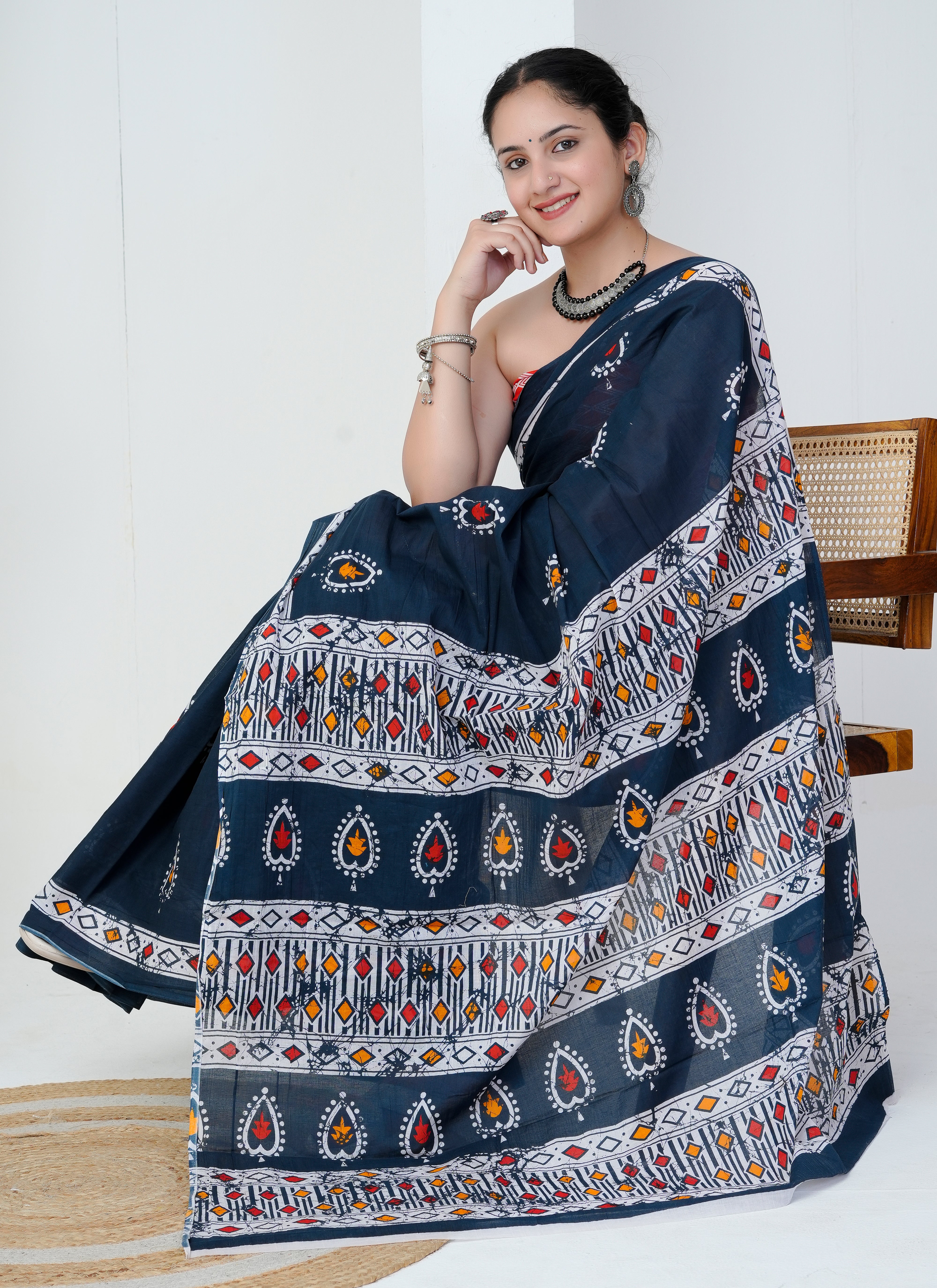 Midnight Blue Tribal Motif Cotton Saree
