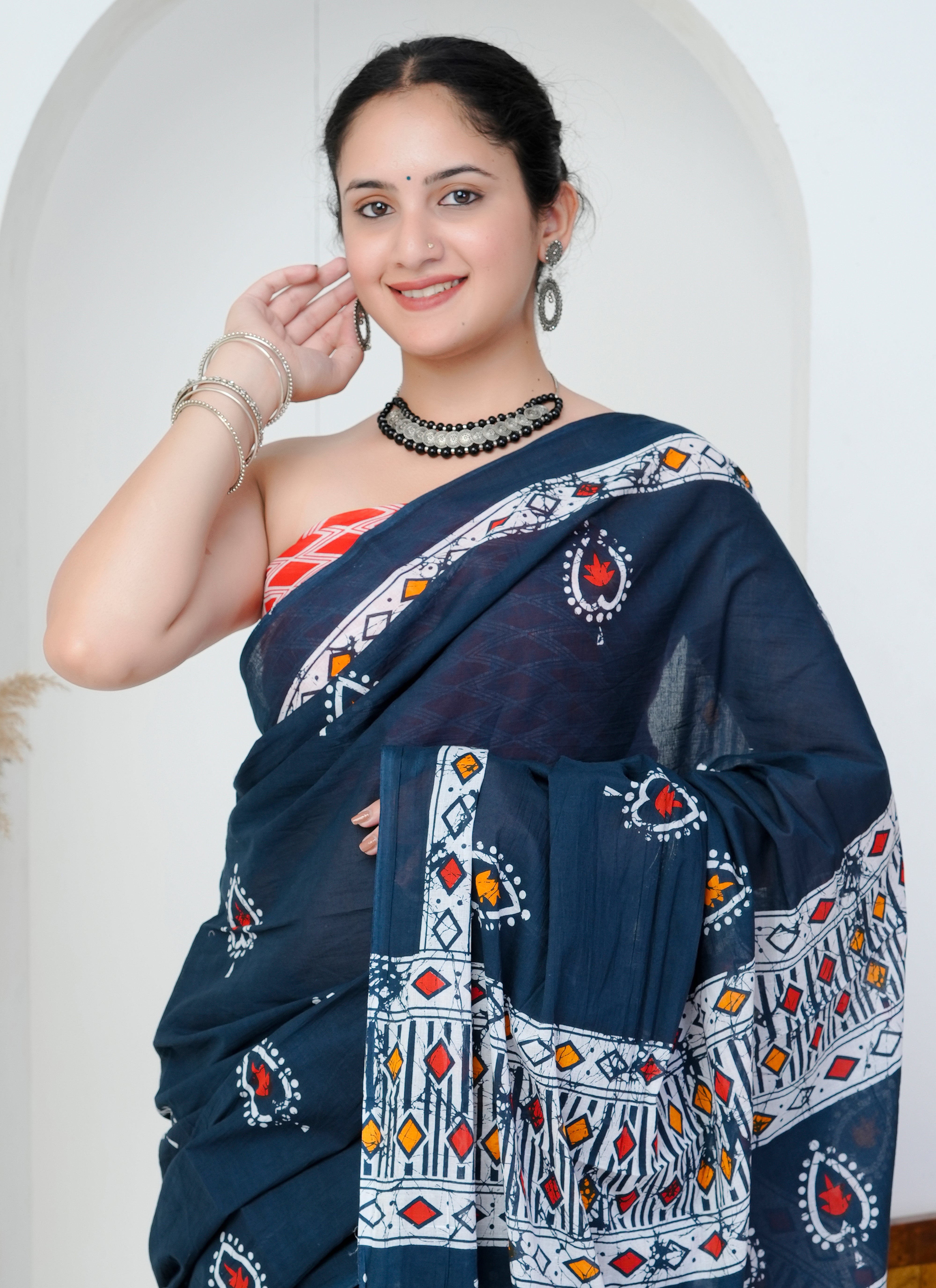 Midnight Blue Tribal Motif Cotton Saree