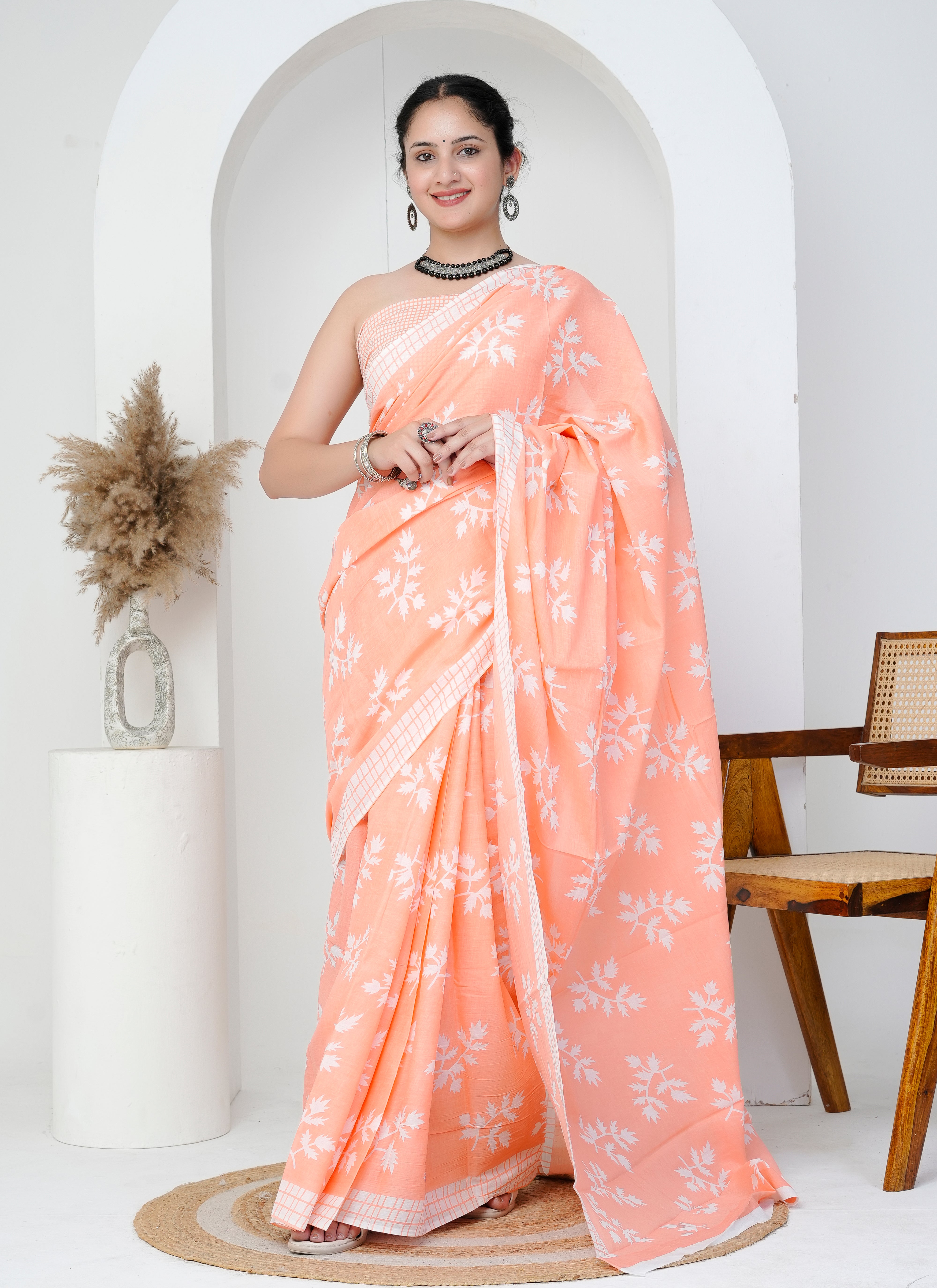 Peach Blossom Hand Block Cotton Saree