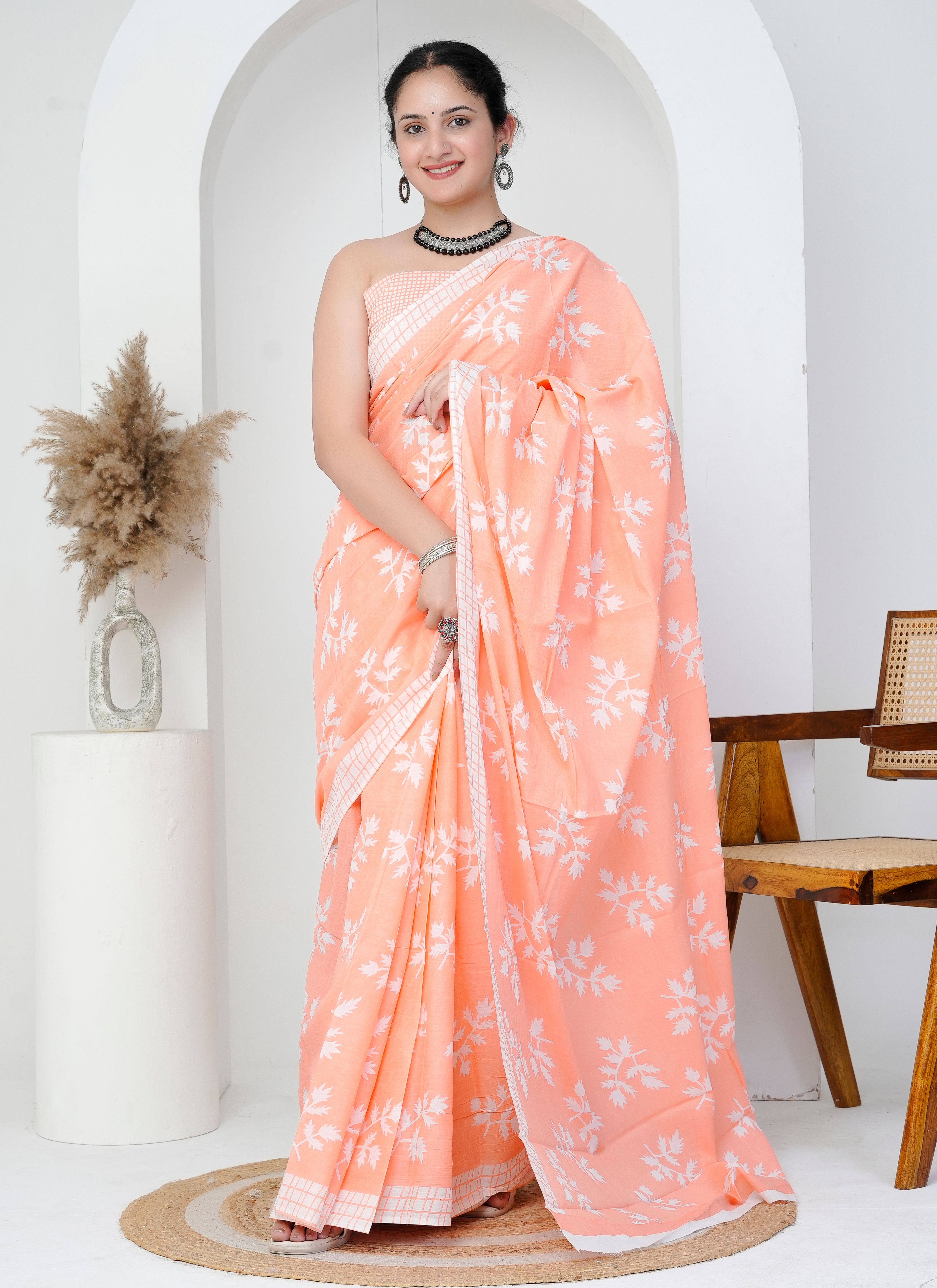 Peach Blossom Hand Block Cotton Saree
