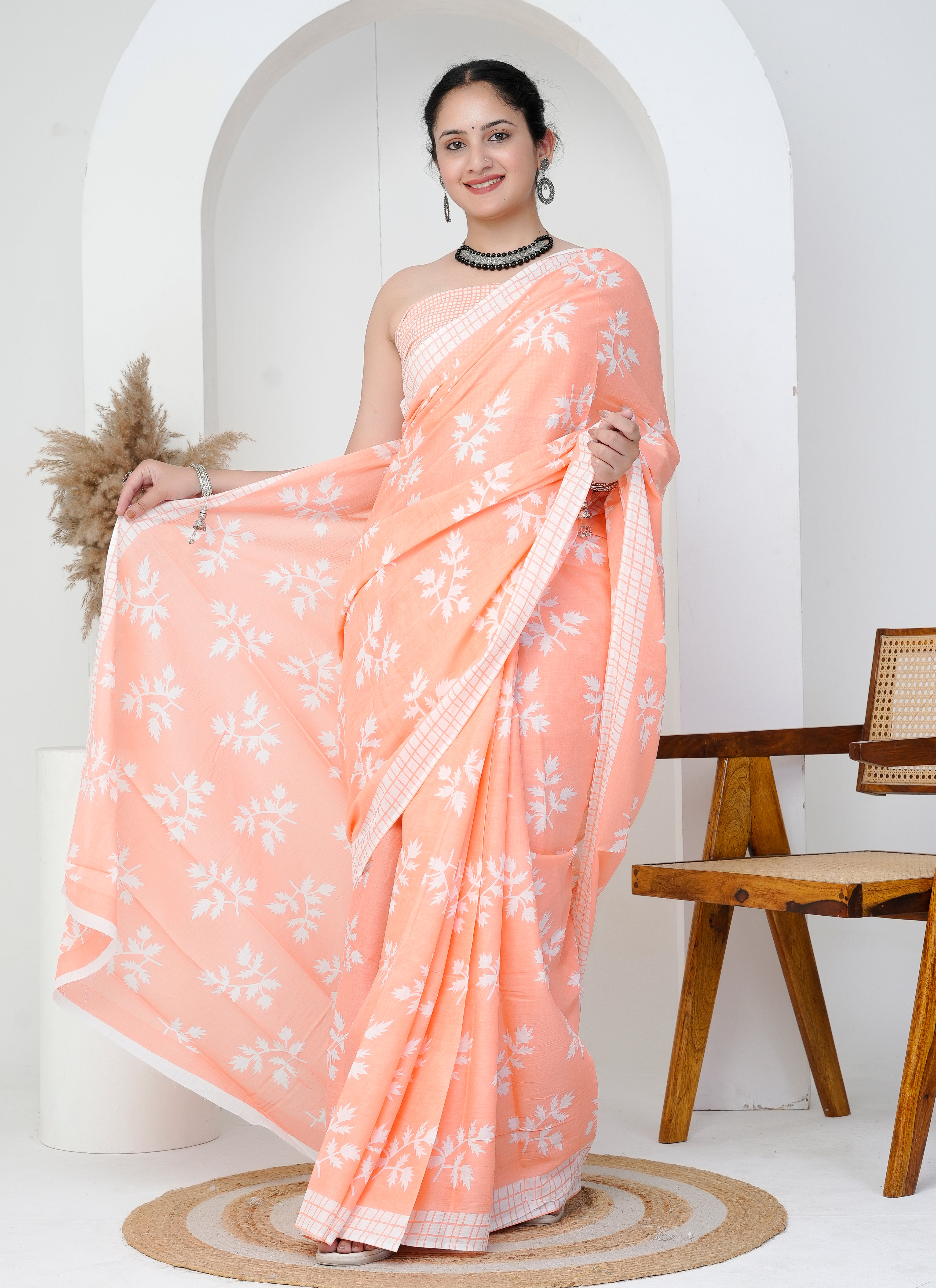 Peach Blossom Hand Block Cotton Saree