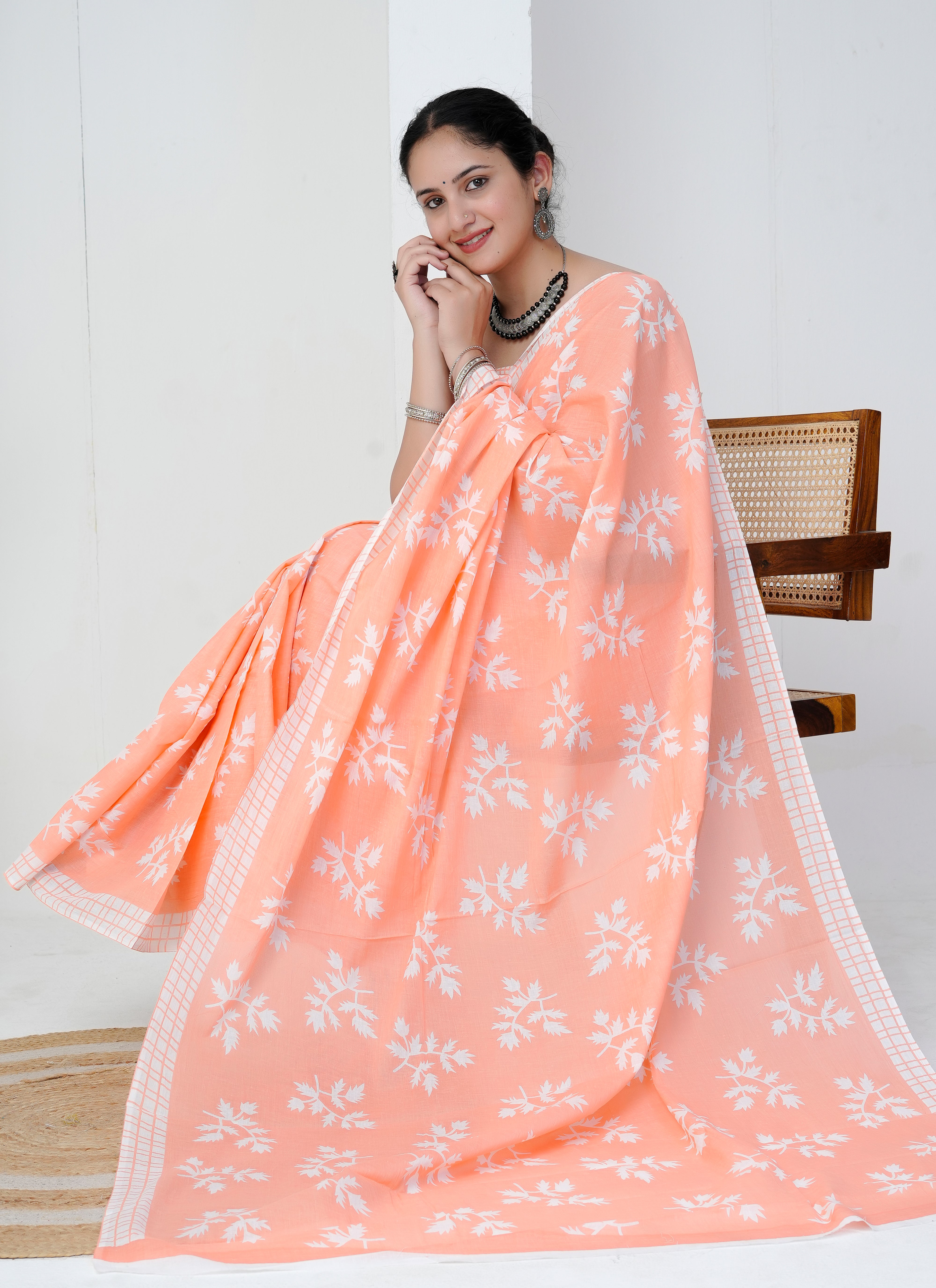 Peach Blossom Hand Block Cotton Saree