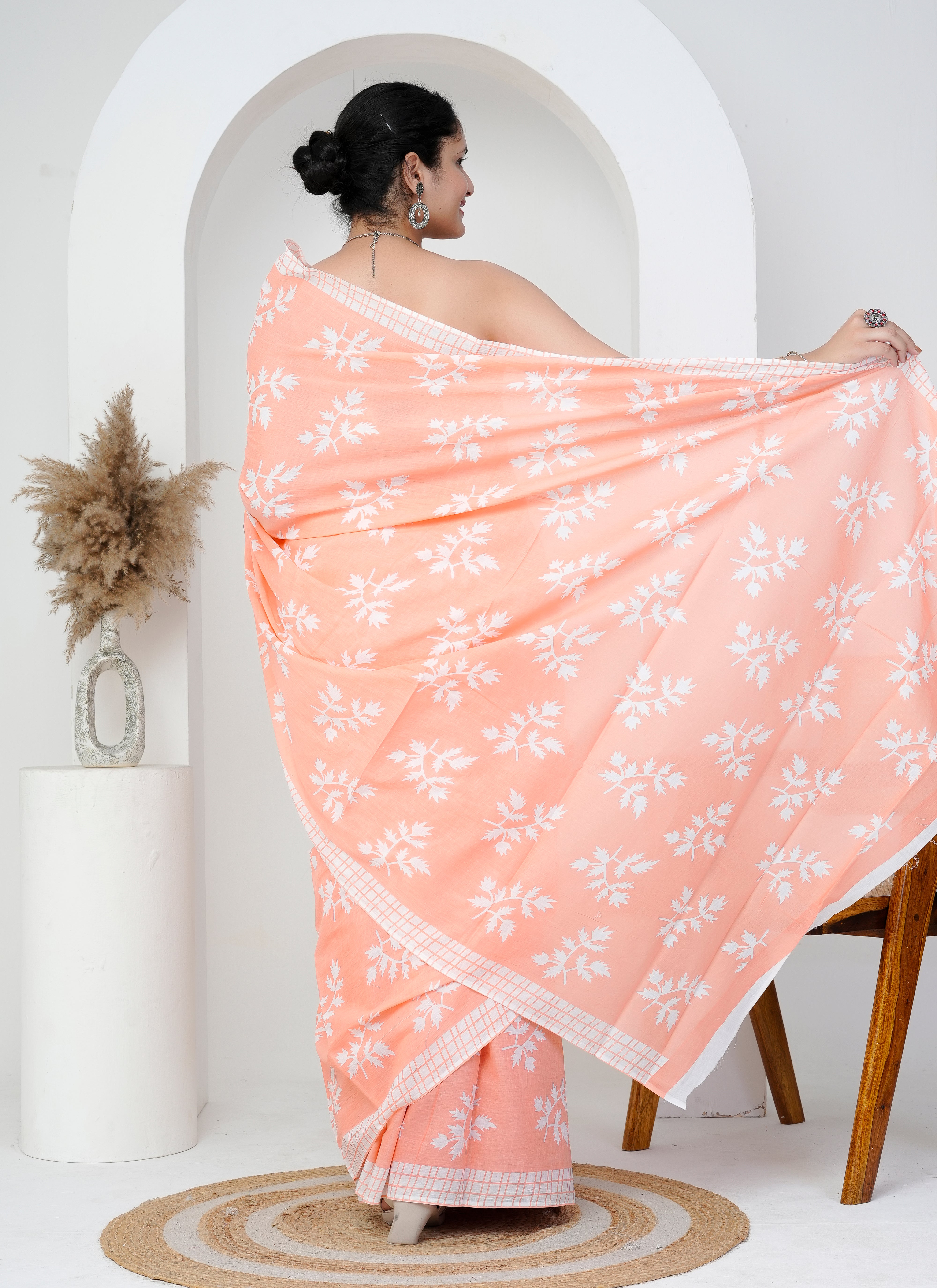 Peach Blossom Hand Block Cotton Saree