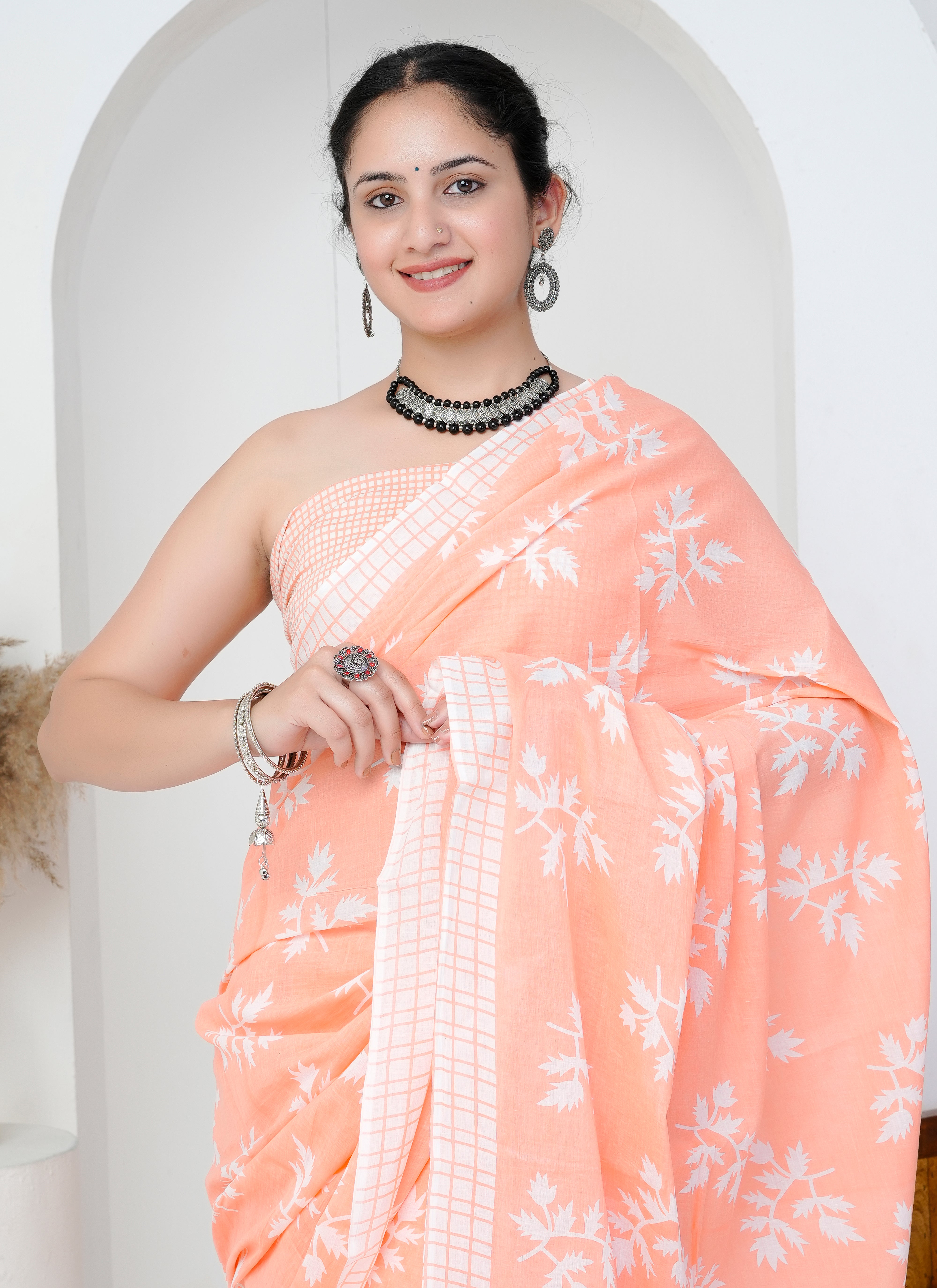 Peach Blossom Hand Block Cotton Saree