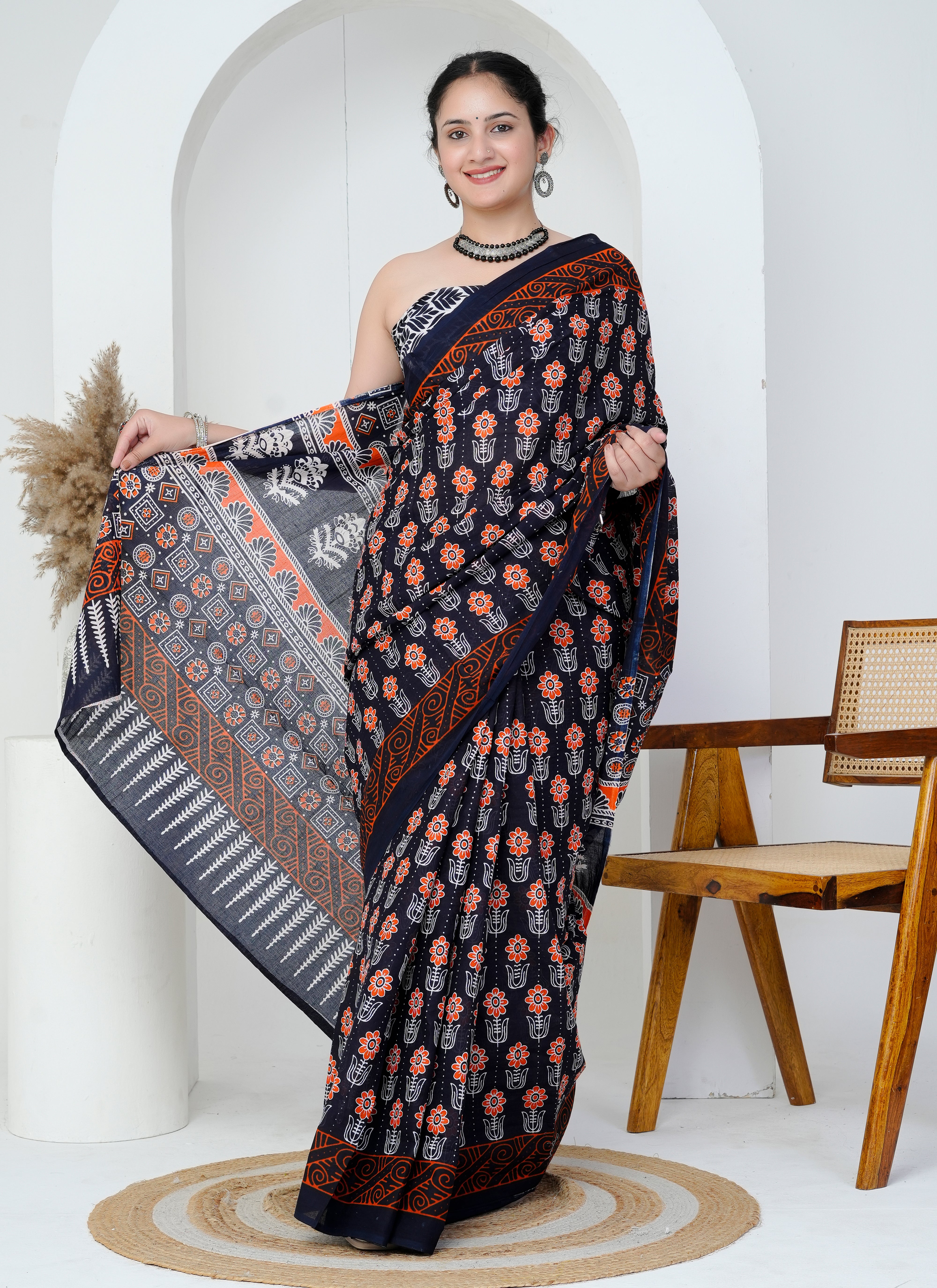 Black and Rust Red Floral Block Print Cotton Saree
