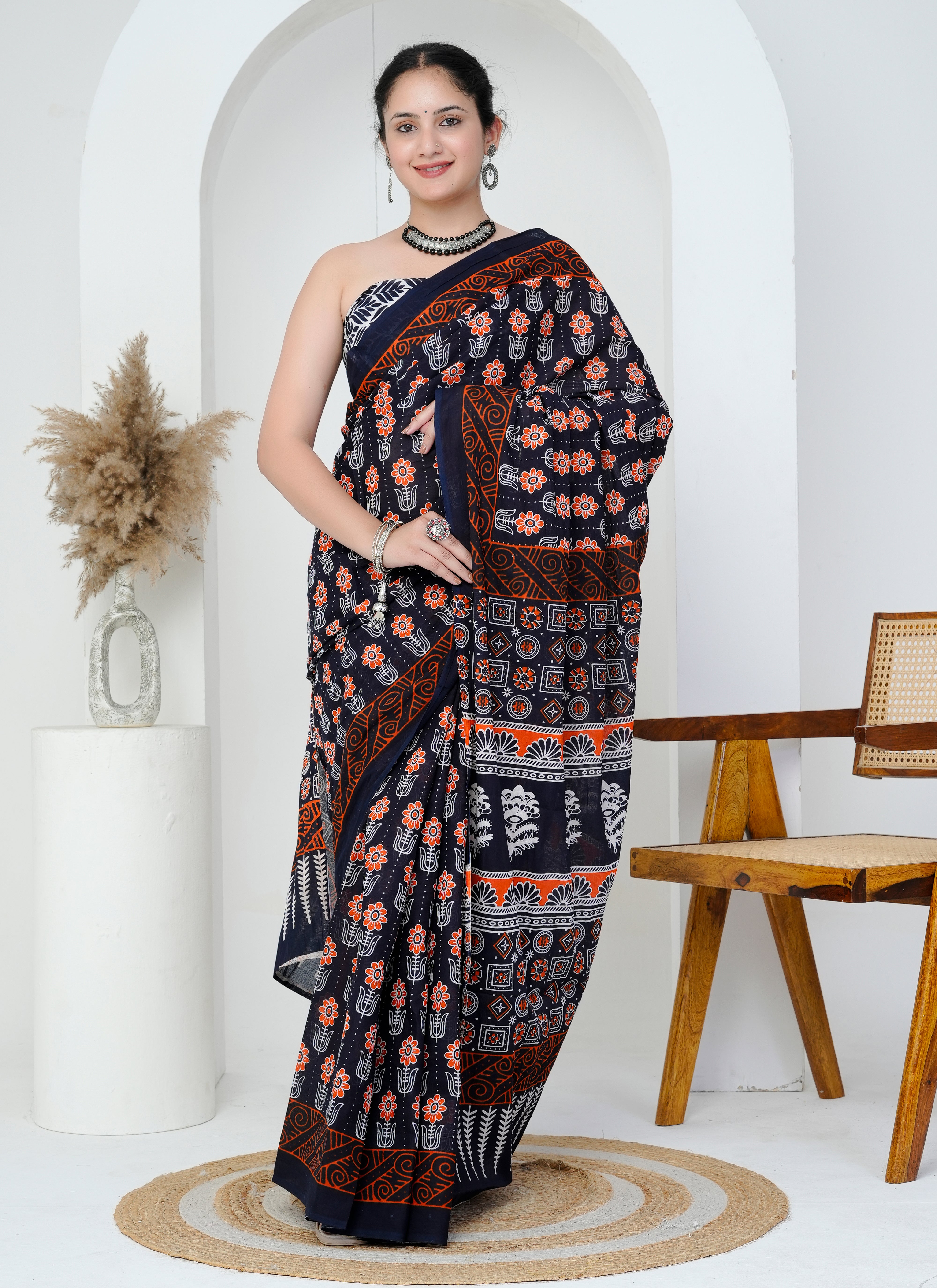 Black and Rust Red Floral Block Print Cotton Saree