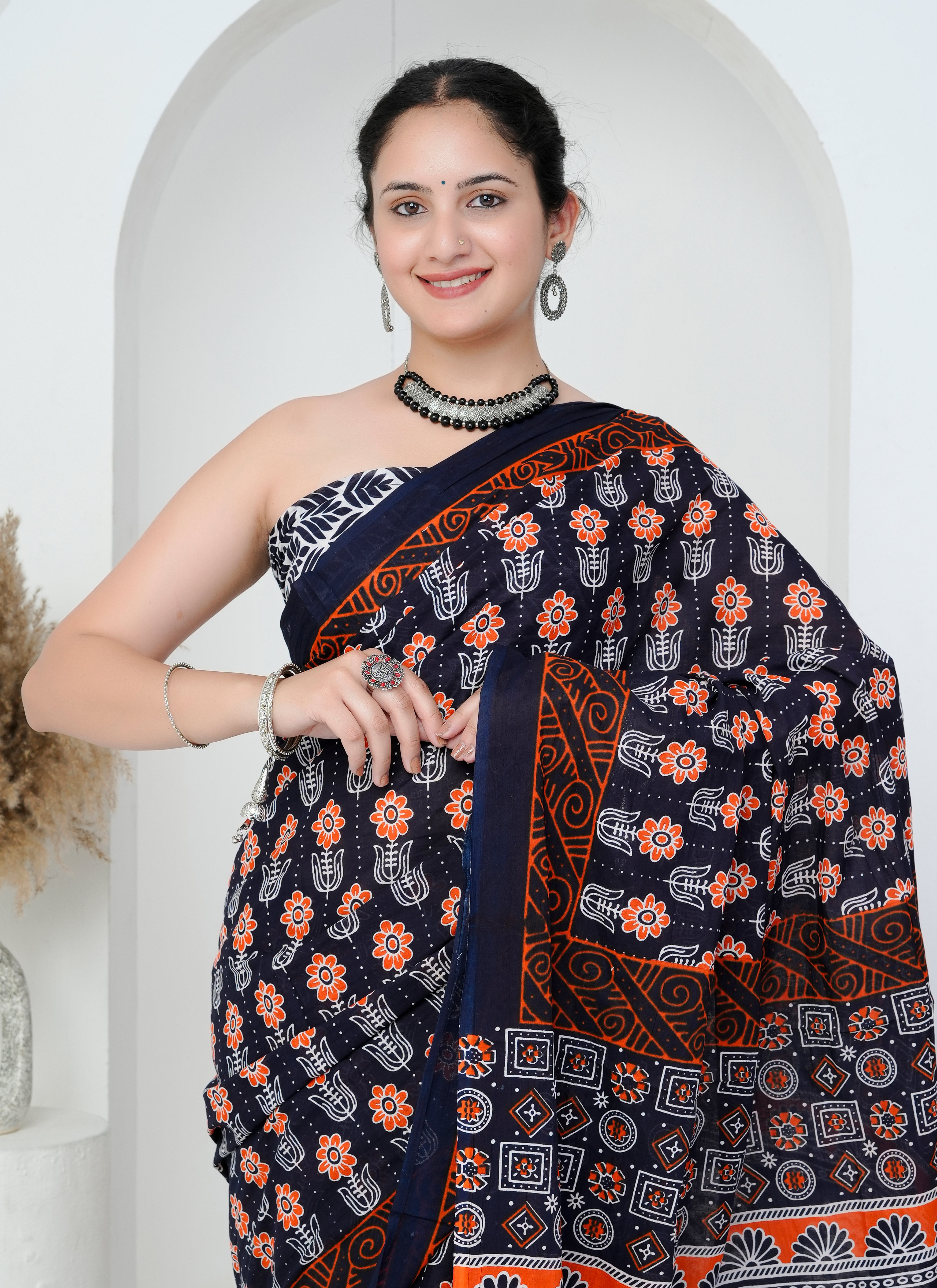 Black and Rust Red Floral Block Print Cotton Saree