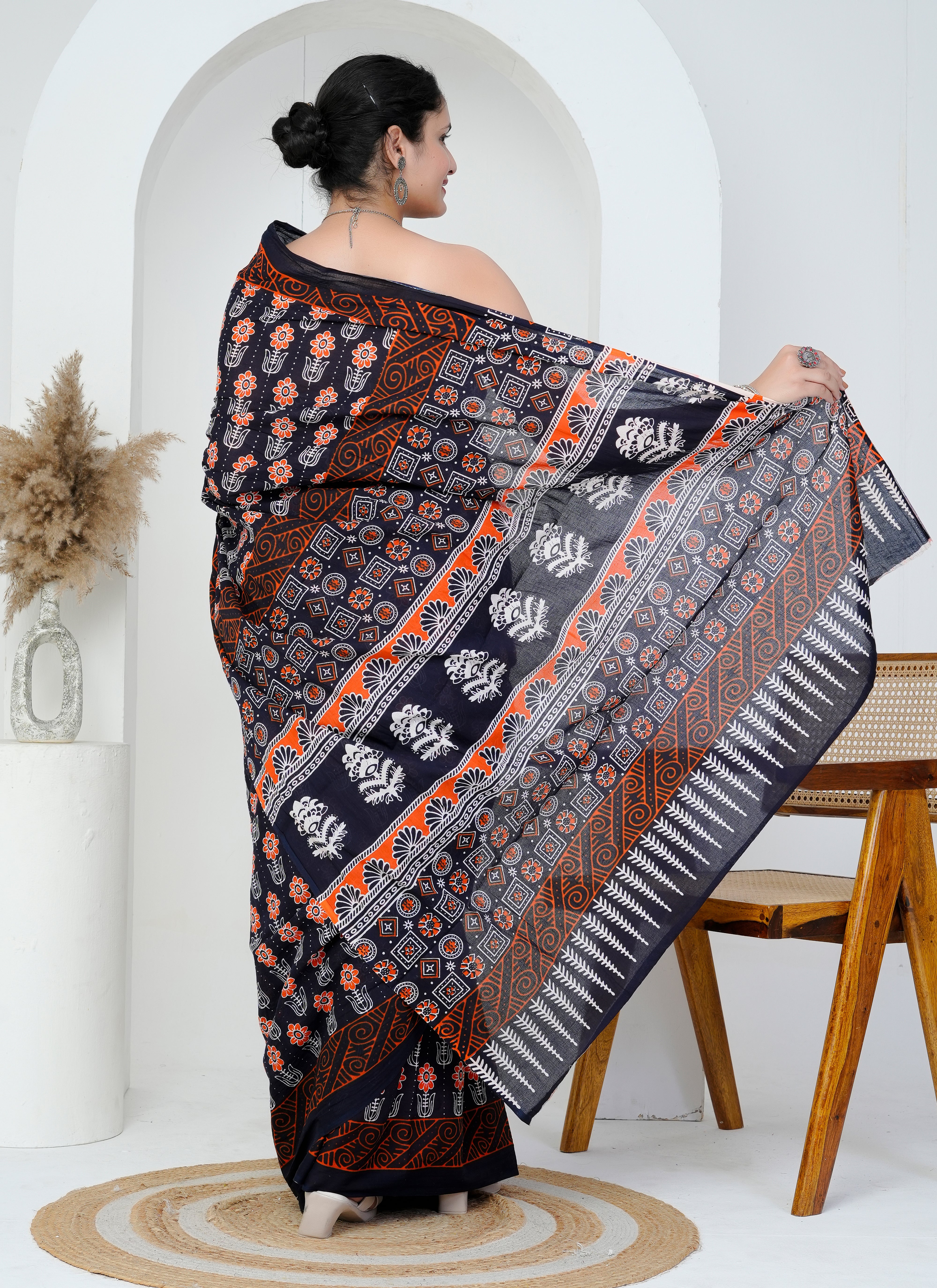 Black and Rust Red Floral Block Print Cotton Saree