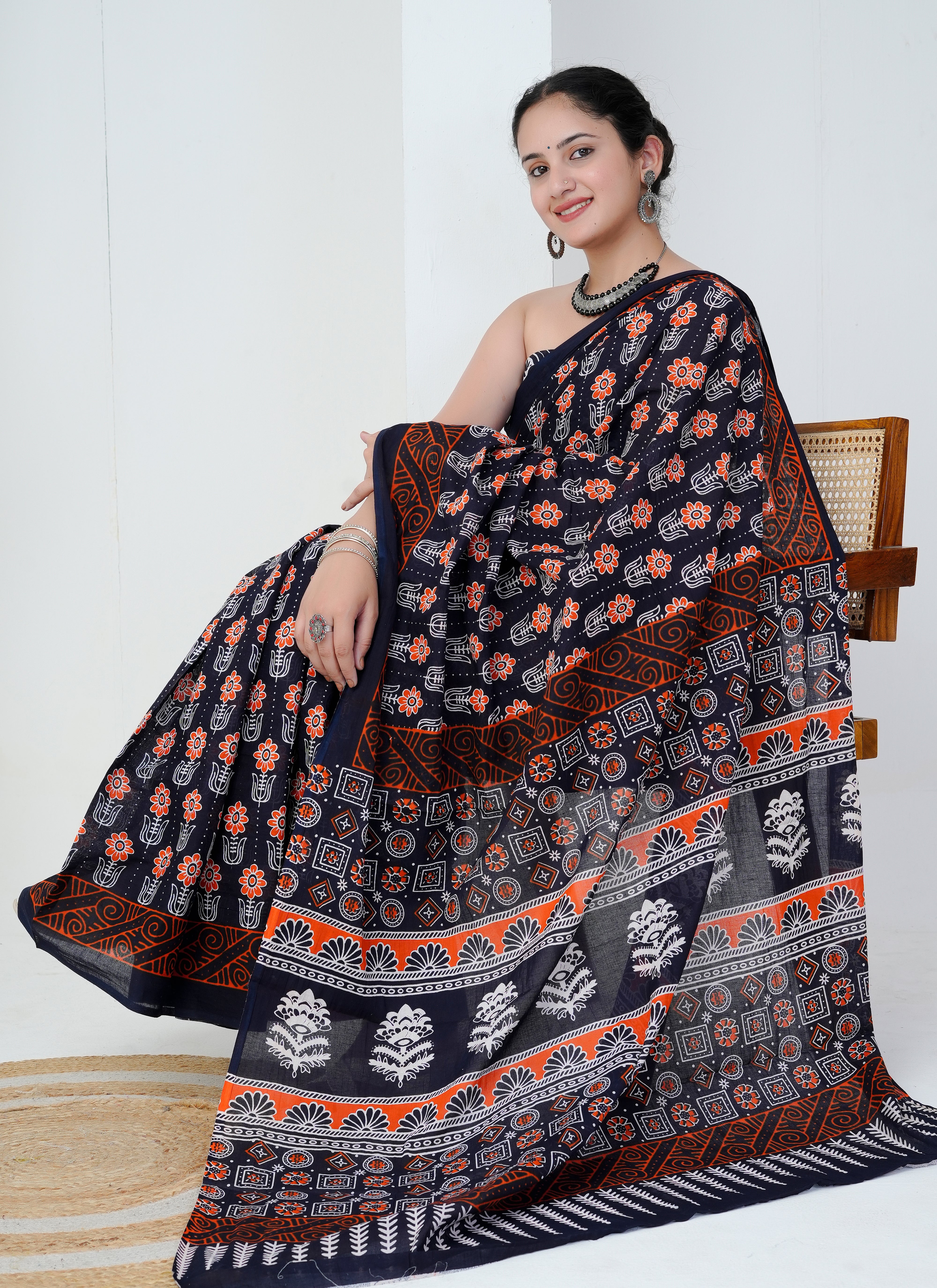 Black and Rust Red Floral Block Print Cotton Saree