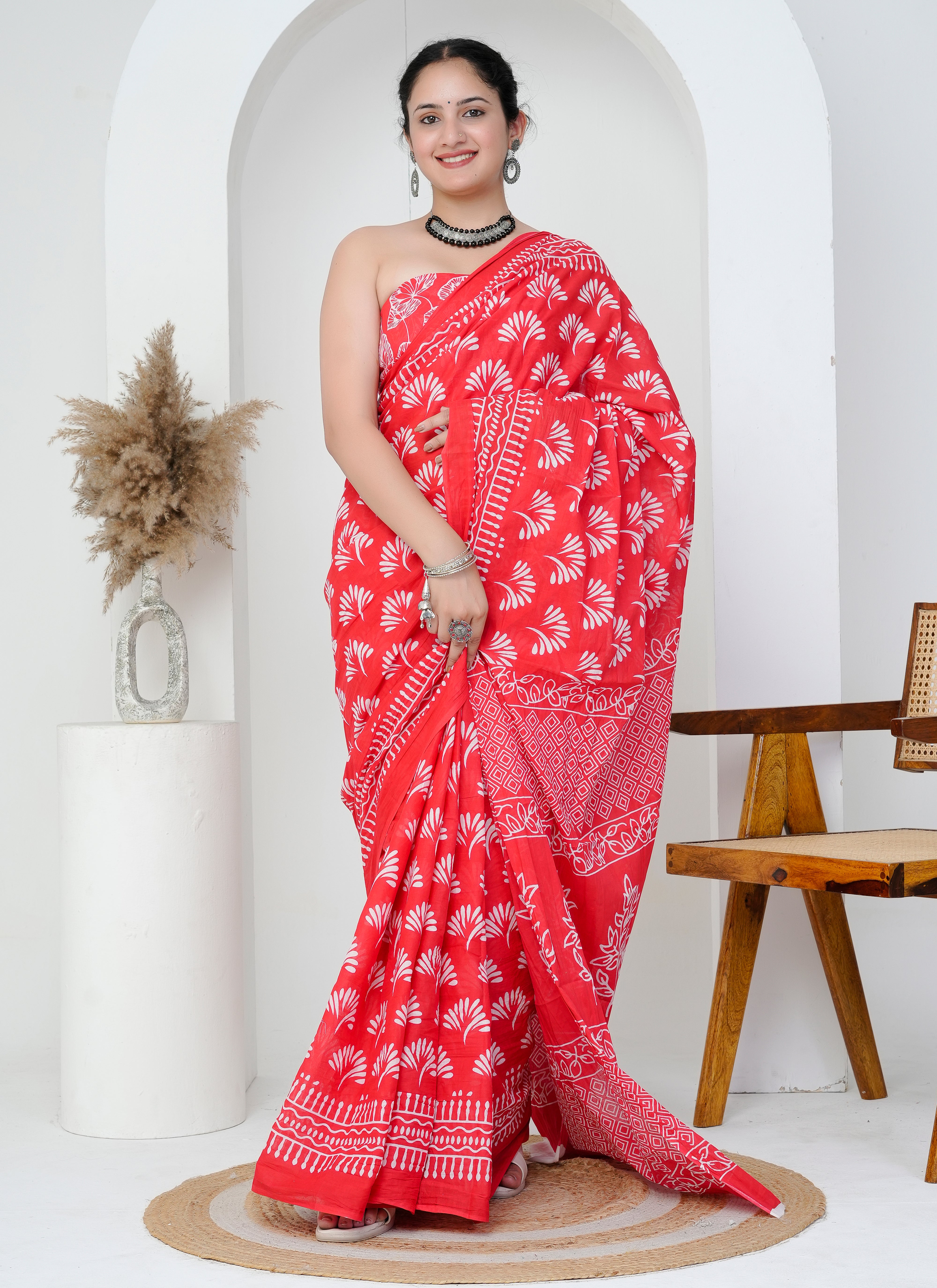 Crimson Red and White Hand Block Printed Cotton Saree