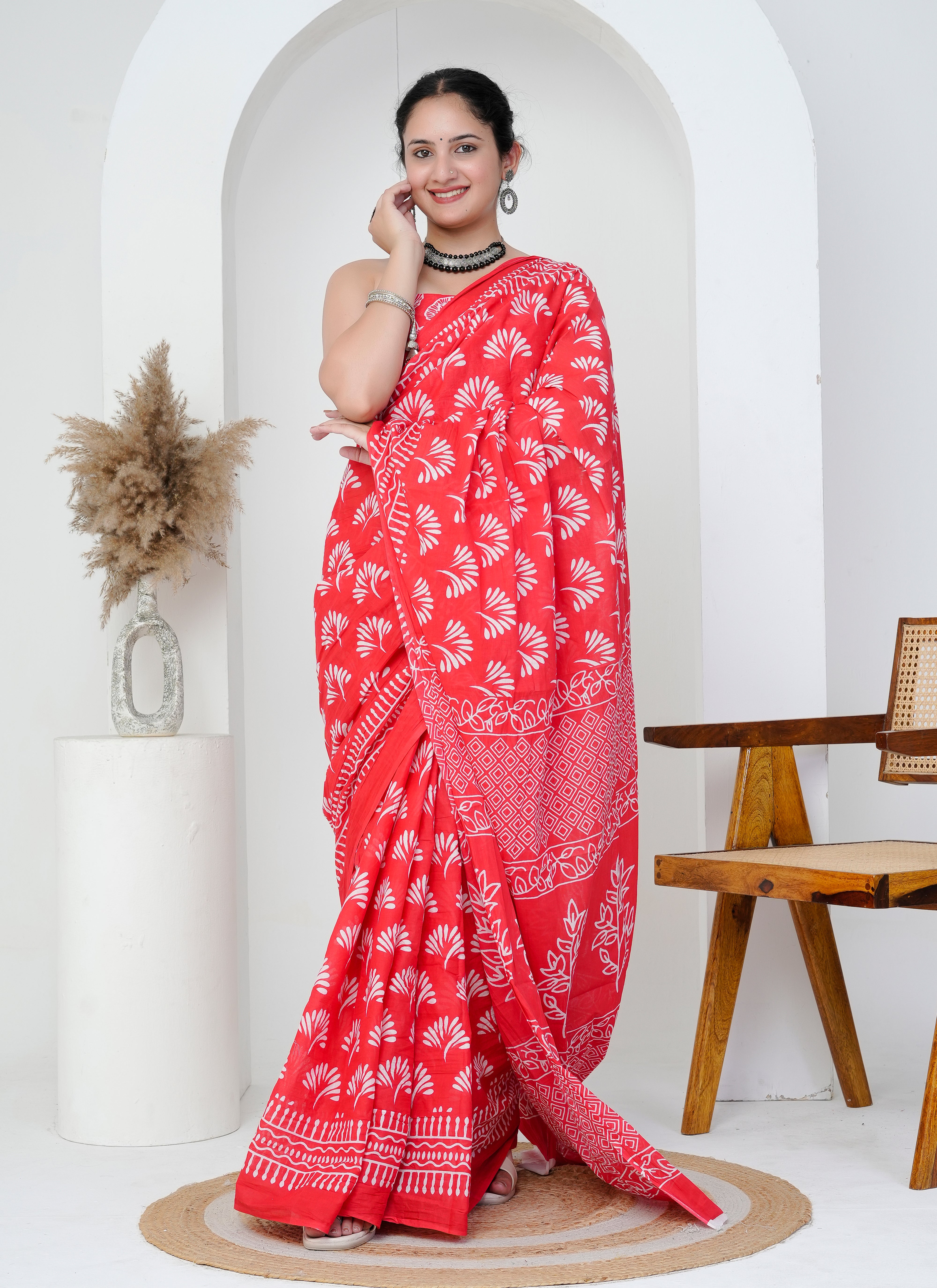 Crimson Red and White Hand Block Printed Cotton Saree