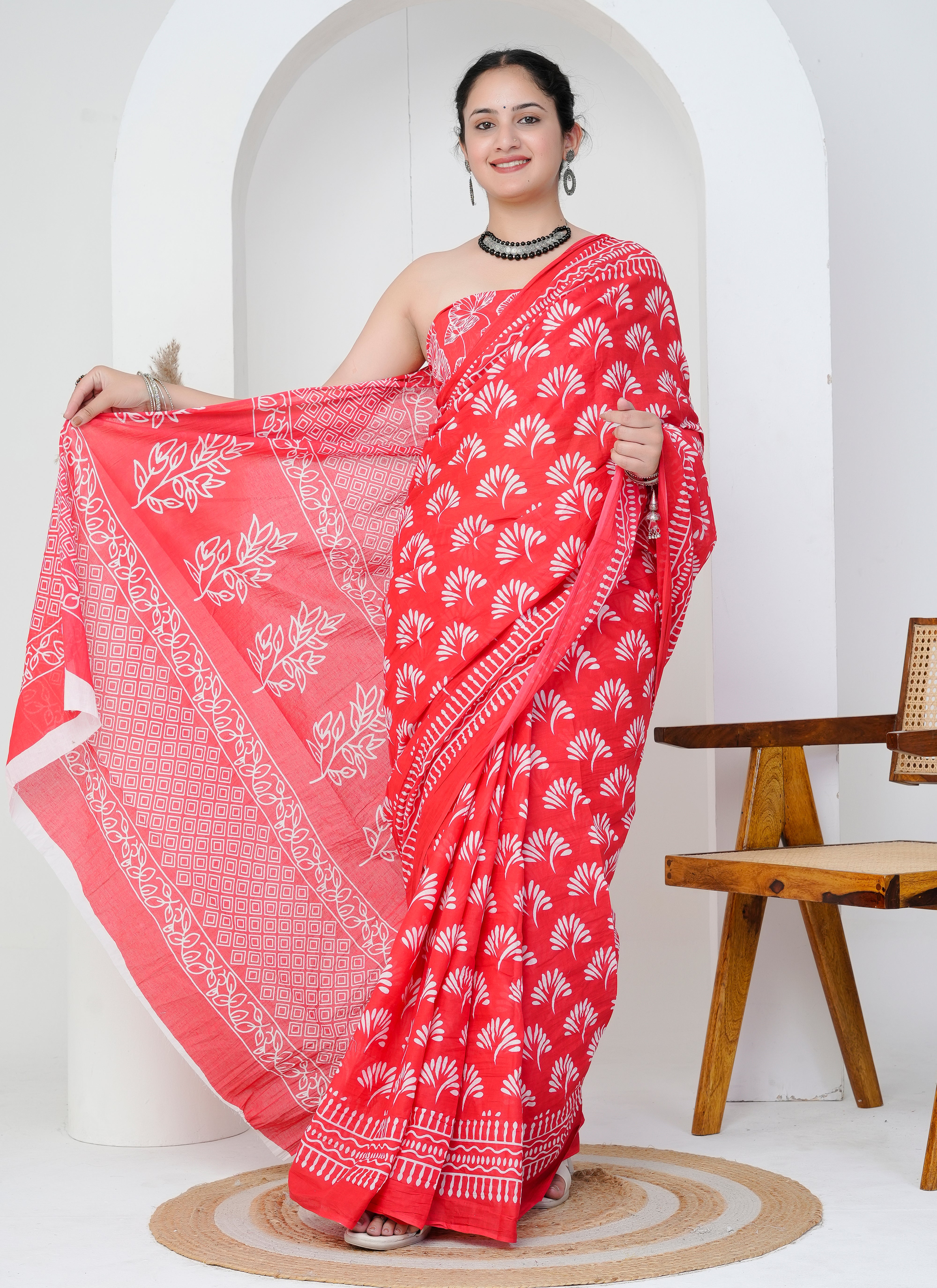 Crimson Red and White Hand Block Printed Cotton Saree