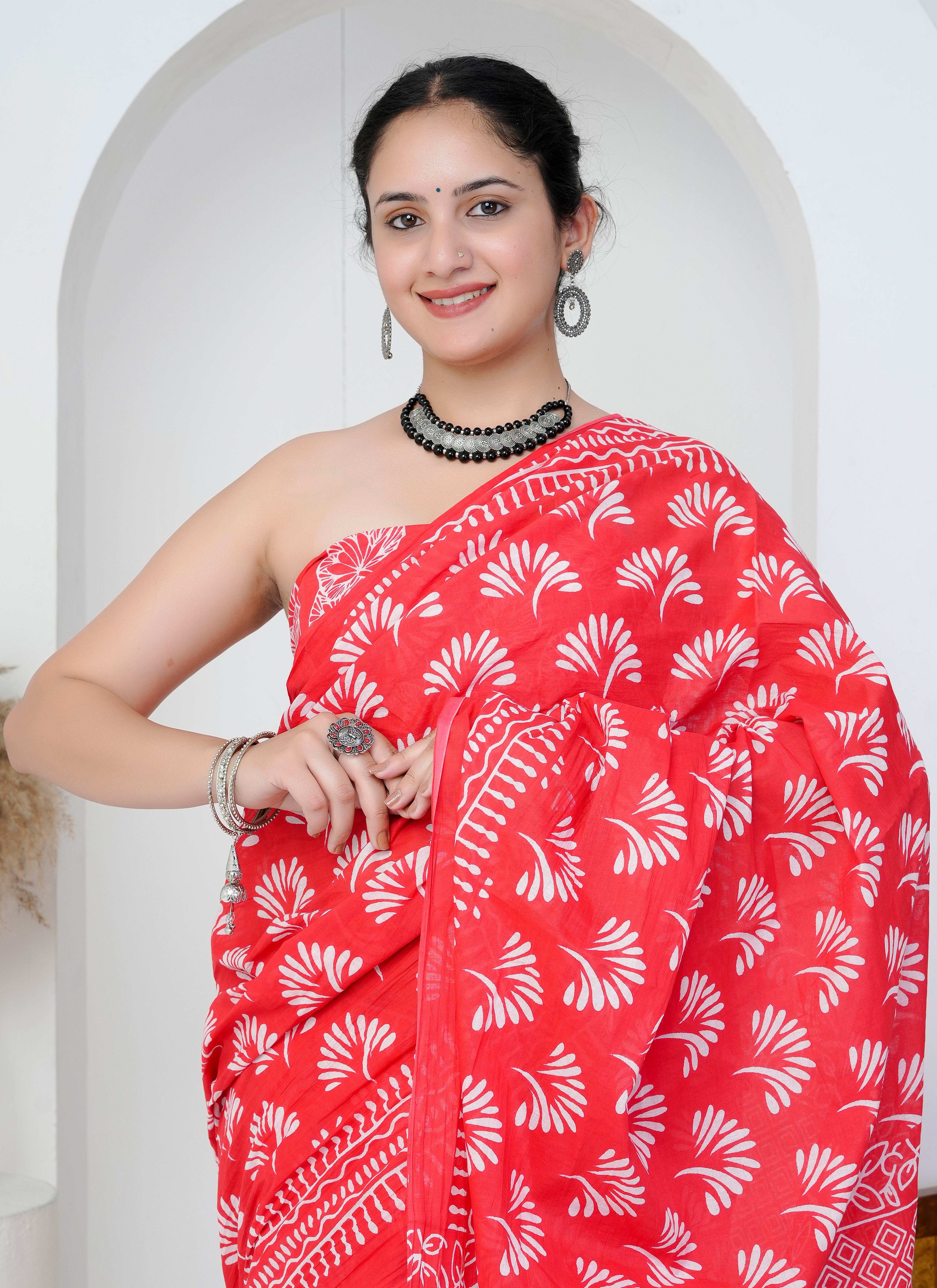 Crimson Red and White Hand Block Printed Cotton Saree